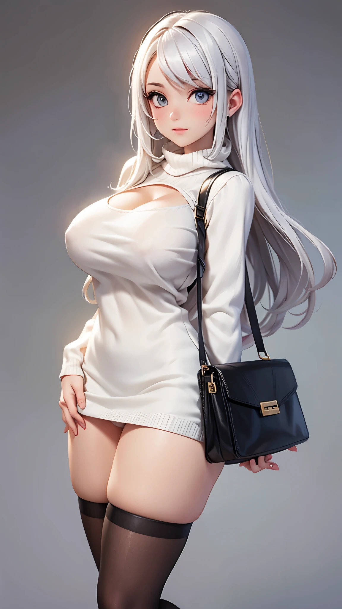 completely white 21 years old woman with gray eyes, nsfw, white hair, white sweater cleavage, big tits, long hair, big legs, black college miniskirt
