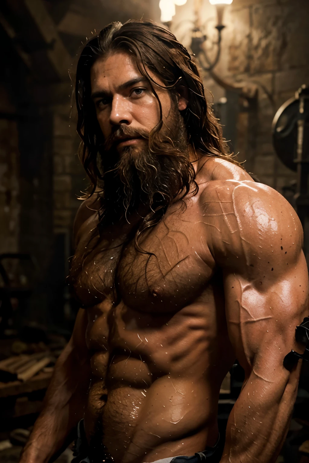 (Masterpiece: 1.1), Dramatic film set, Hot Jesus figure, (Bearded, muscular body: 1.5), (Intimidating, intense gaze: 0.8), Long, curly brown hair, Humid, sweaty climate, (Big chest: 1.2), (Torn clothing, revealing underwear: 0.5), Dirty, weathered surroundings, Realistic blood effects, Dripping wet, (Detailed eroticism, mature content: 0.9), (Crucified: 0.7), Raw, gritty textures, High contrast lighting, Cinematic, dark, mysterious atmosphere, Realistic skin tone