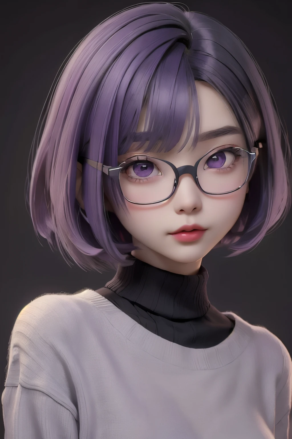 best quality, cartoon_portrait, 1girl, solo, looking at viewer, short hair, simple background, purple hair, bob cut, purple eyes, closed mouth, glasses, sweater, lips, swept bangs, black background, red lips, 