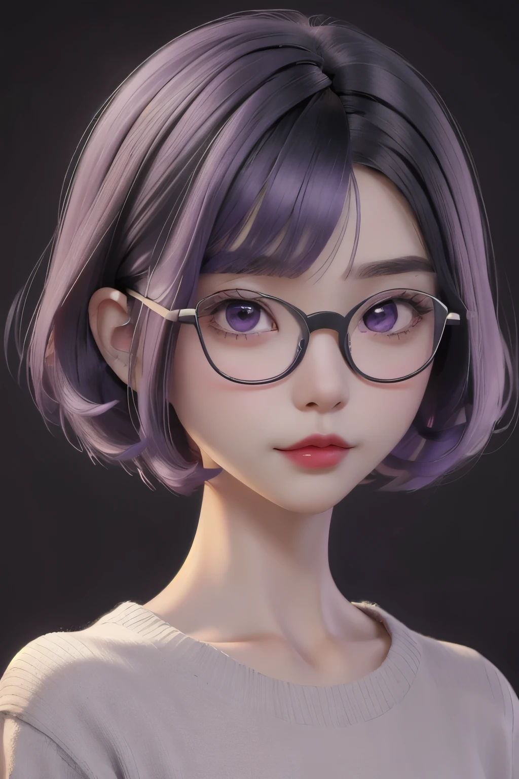 best quality, cartoon_portrait, 1girl, solo, looking at viewer, short hair, simple background, purple hair, bob cut, purple eyes, closed mouth, glasses, sweater, lips, swept bangs, black background, red lips, 