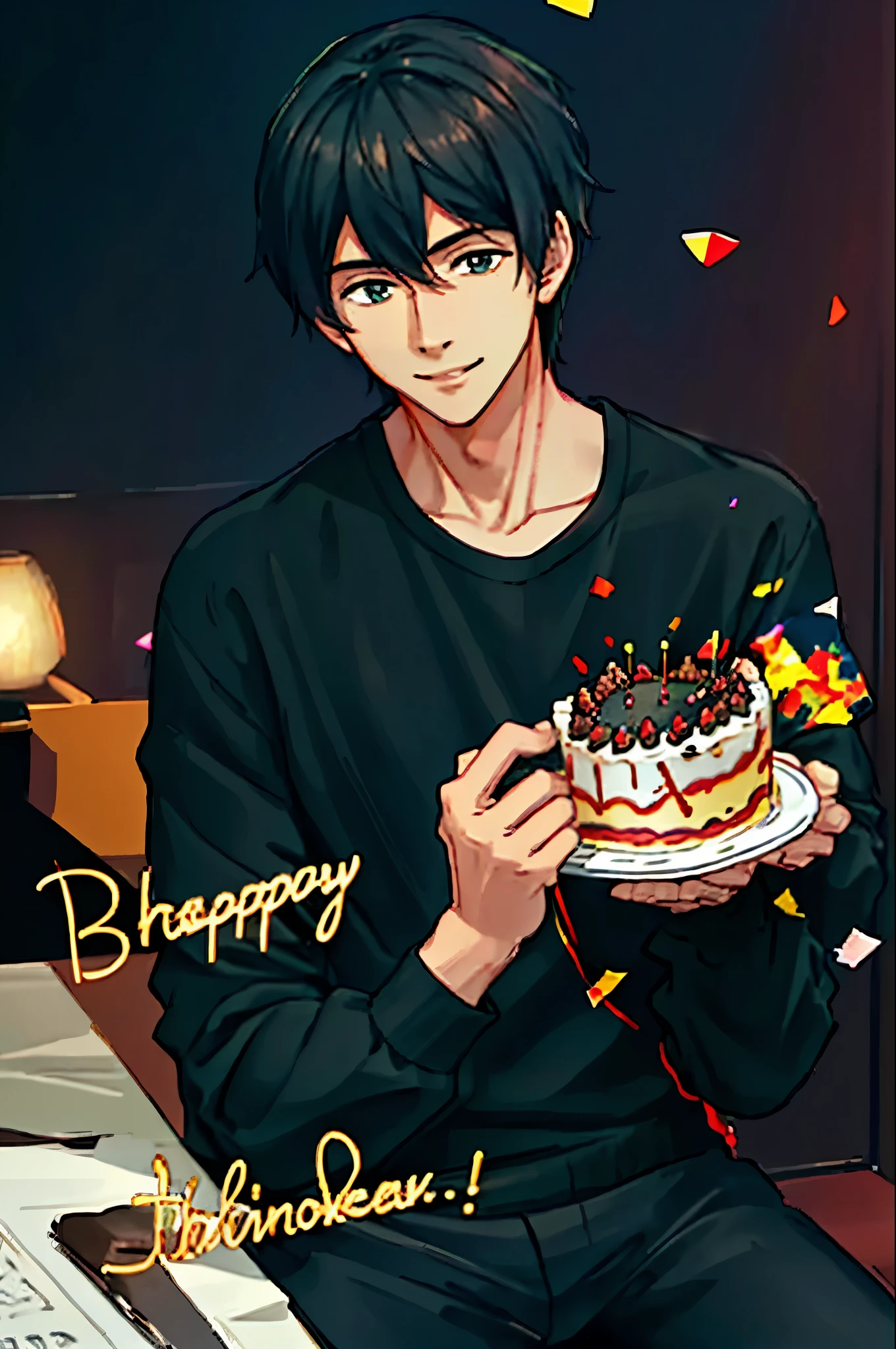 there is a handsome man, sitting on a chair, wearing a black sweater with "21" written in bold letters, holding up a birthday cake, smiling gently, celebratory confetti flying around, high definition, realistic, detailed, vibrant colors, warm lighting, professional rendering, clean lines, sharp focus, depth of field, happy expression, moments of joy captured in the atmosphere.