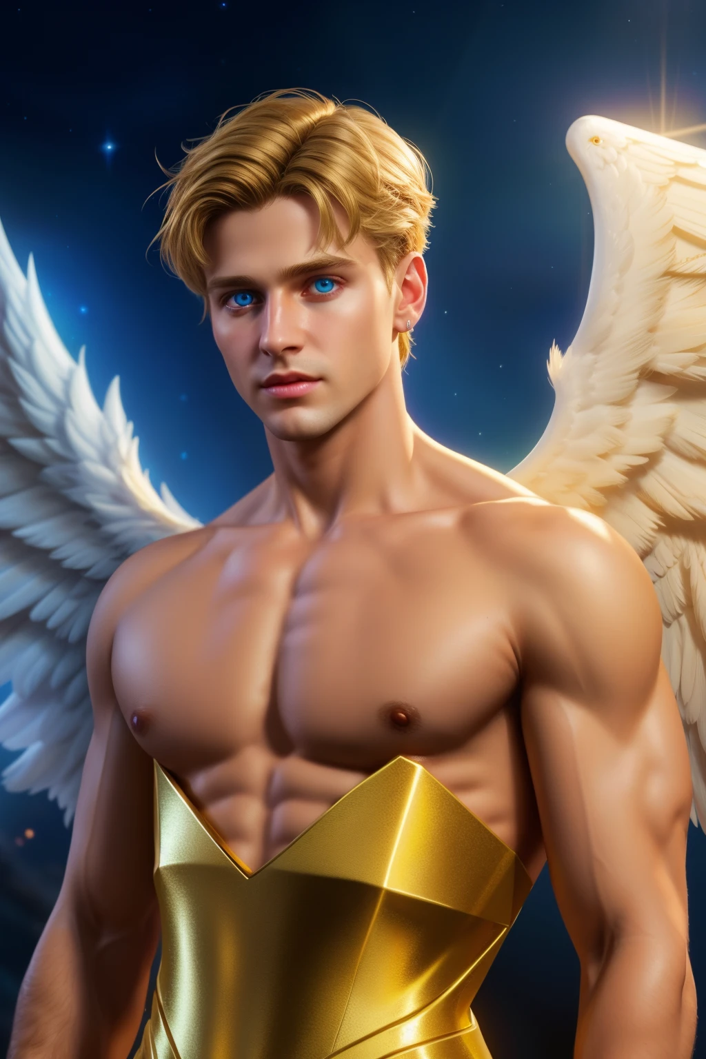 looking into camera, best quality, masterpiece, upper body, bright highlights, (extremely detailed CG unity 8k wallpaper), handsome young man, angelic wings, halo, (male, man), messy hair, short hair, serious, dramatic pose, cinematic lighting, photorealistic, dynamic pose, sharp-focus, 80s fantasy art, (photorealistic:1.4), (masterpiece, finely detailed beautiful eyes: 1.2), masterpiece*portrait, realistic, 3d face, glowing eyes, blonde hair, 1920s plunging neckline dress