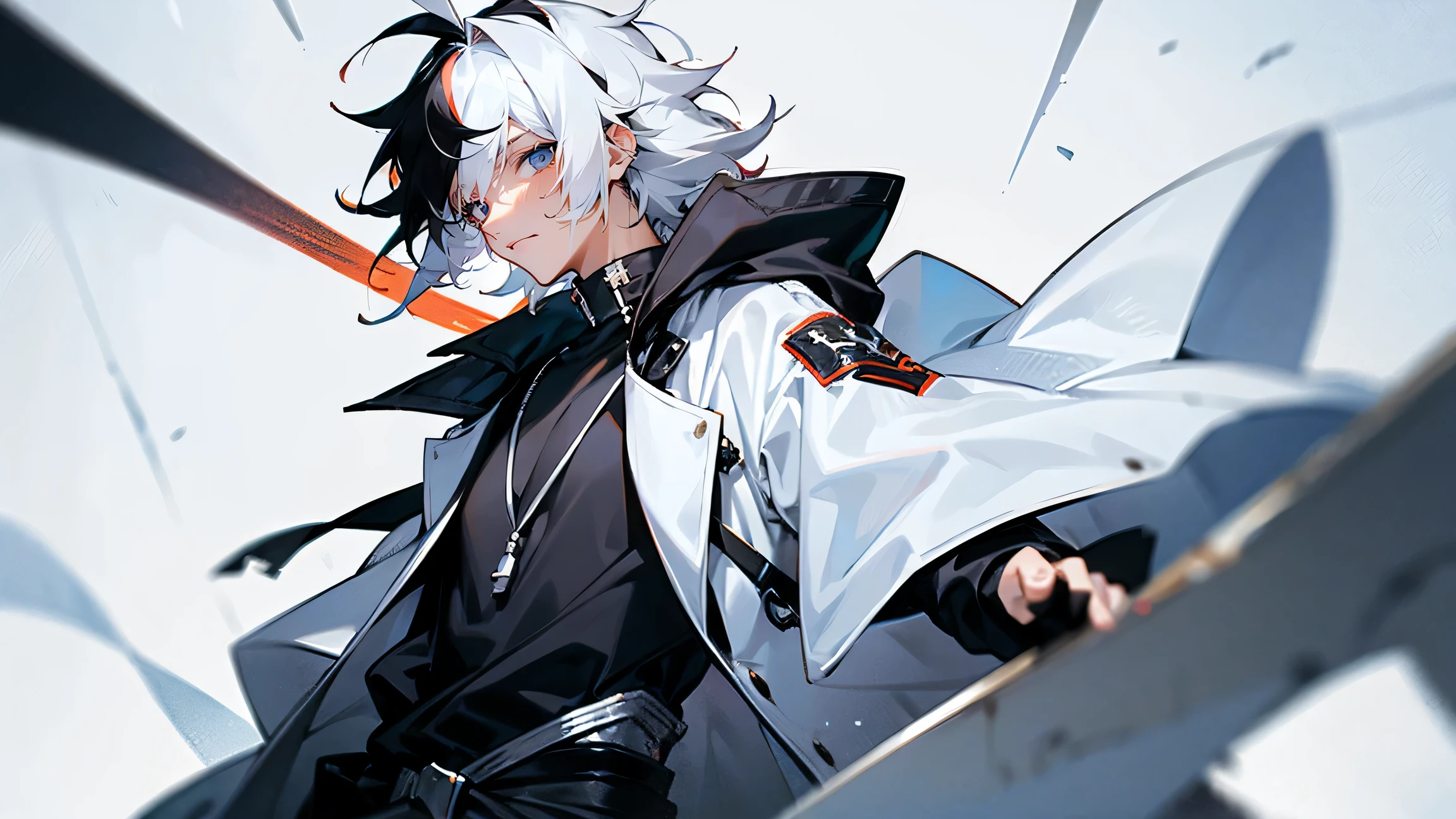 1male, young, two-toned hair, black and white hair, messy hair, medium length hair, tied to the back, white trenchcoat, black sweatshirt, lean build, tied to waist, medival town