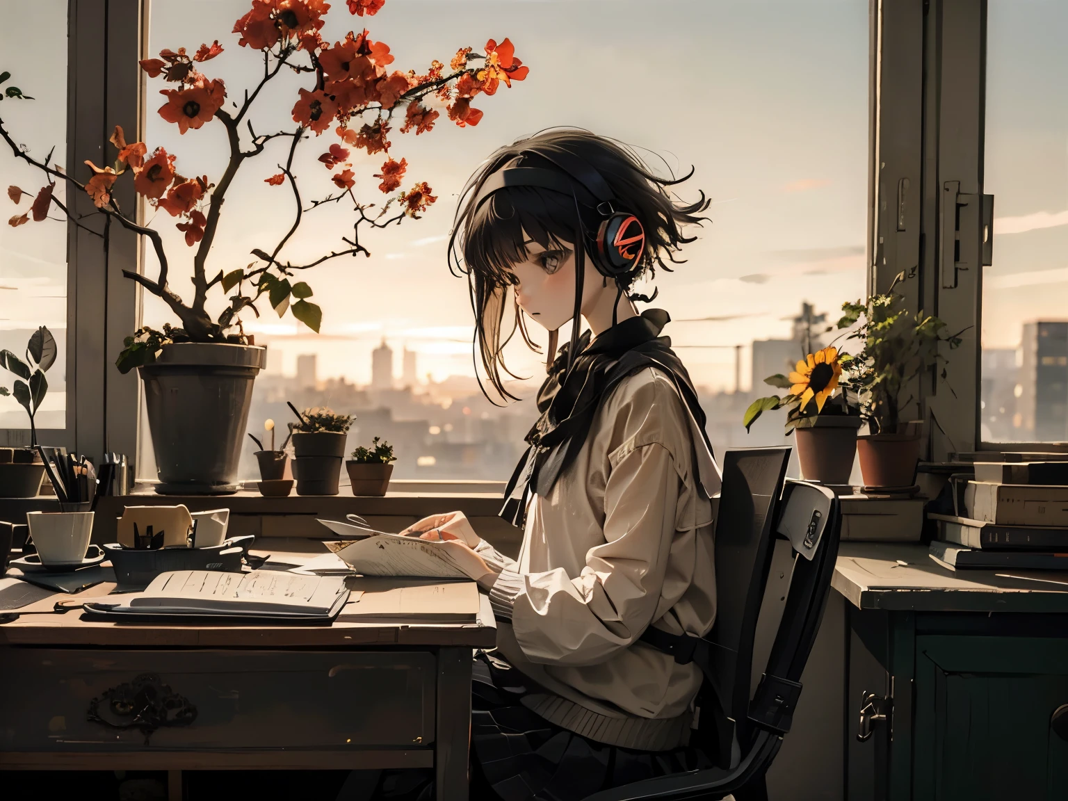 A detailed anime girl, wearing a large sweater, wearing headband headphones, lofi, tranquil, quiet vibes, chilling, in her living room reading, A large window with a view over the city, city skyline visible outside, quiet night, cat, masterpiece, best quality, big sunflowers, ficus, bougainvillea, flowers, books