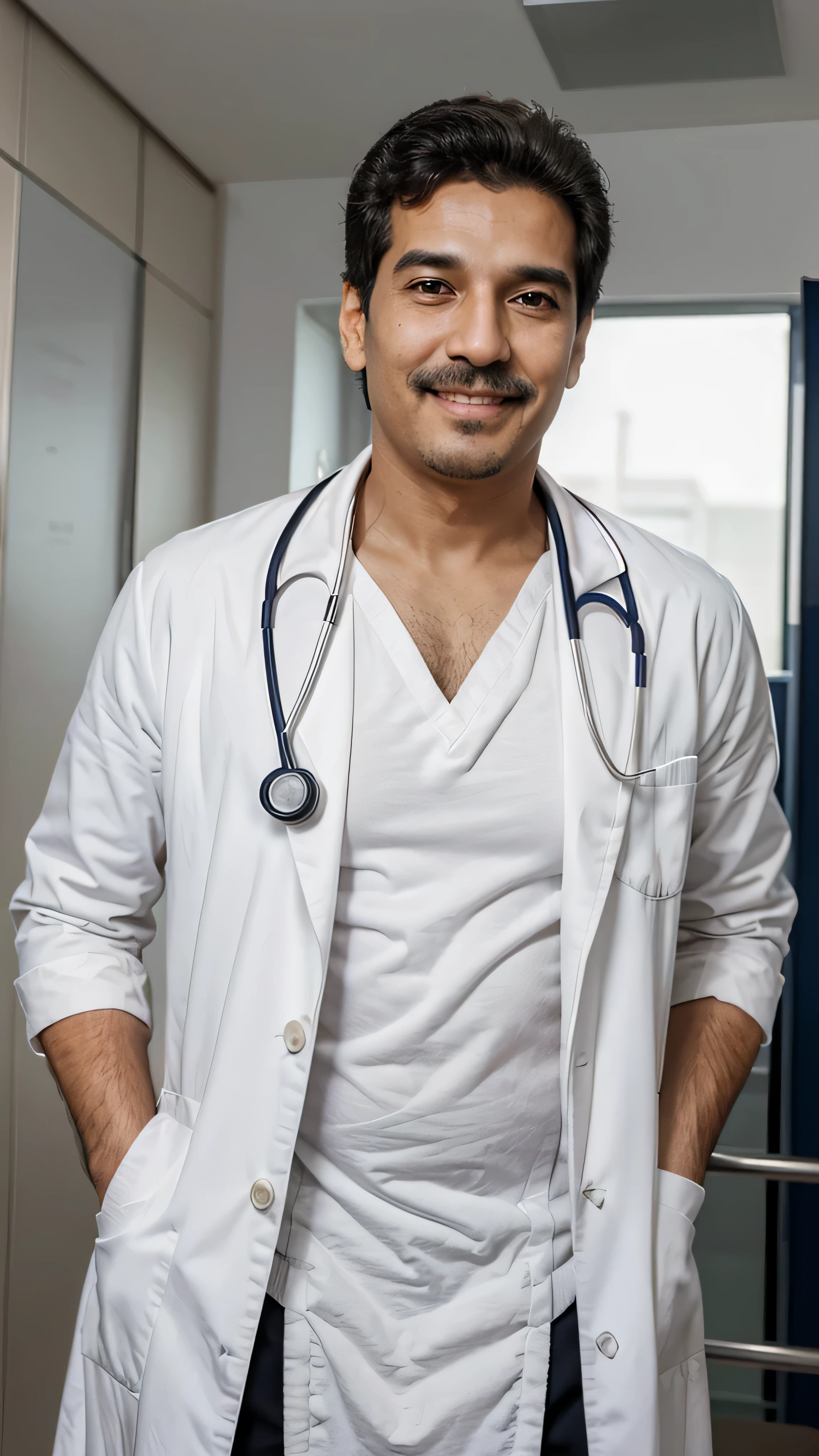 Doutor, homem maduro, 40 anos, de frente, friendly, sorridente, with white coat closed and stethoscope crossed behind the shoulder.