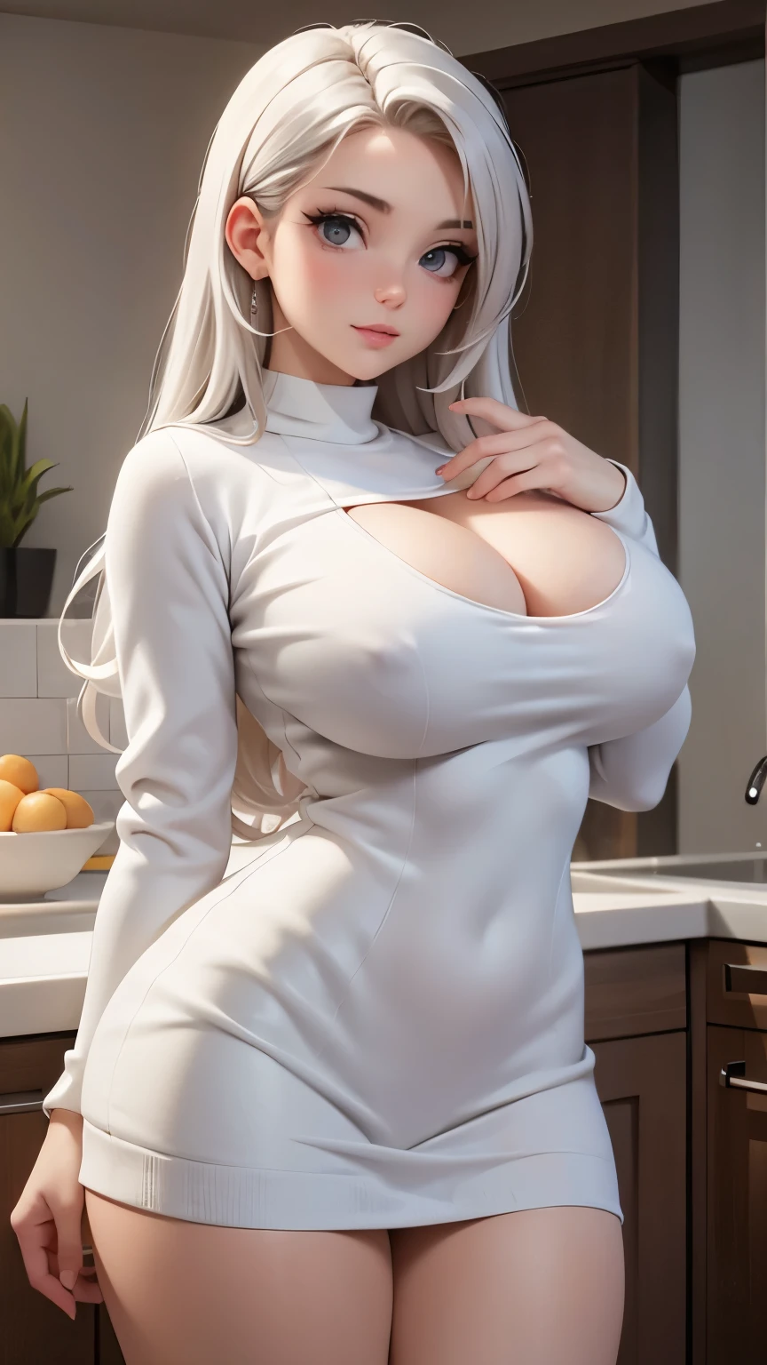 A completely white 21-year-old woman with gray eyes, NSFW, white hair, and a white sweater revealing cleavage. She has big tits and long hair, with big legs and wearing a black college miniskirt. The image should have the best quality, be ultra-detailed and realistic. It should feature studio lighting and strive for a photorealistic style. The color tone should be predominantly white with subtle shades of gray. The lighting should create a soft and gentle ambiance, accentuating the curves of the woman's body.