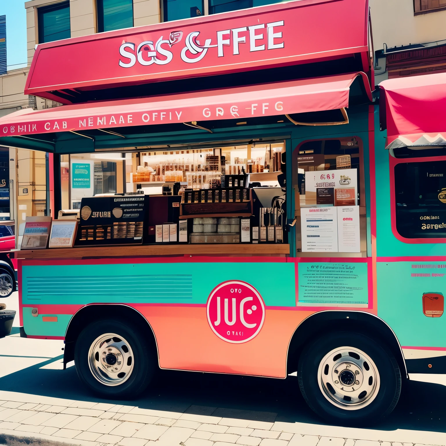 Photorealistic, ultra-detailed, Sip N Go (S&G) Coffee Truck branding, modern design, franchise business, serving coffee city-wide, various zones, high-quality branding, SipNGoRahmani label, vibrant color palette, beautiful illustrations, sleek truck body, intricately designed logo, “Sip N Go” written in bold, stylish font, Rahmani name elegantly placed below, coffee beans and a cup with a go-sign beside it, high resolution, masterpiece-level illustrations, showcasing diverse city landscapes and happy customers in the background, bringing the essence of a welcoming and cozy coffee shop experience