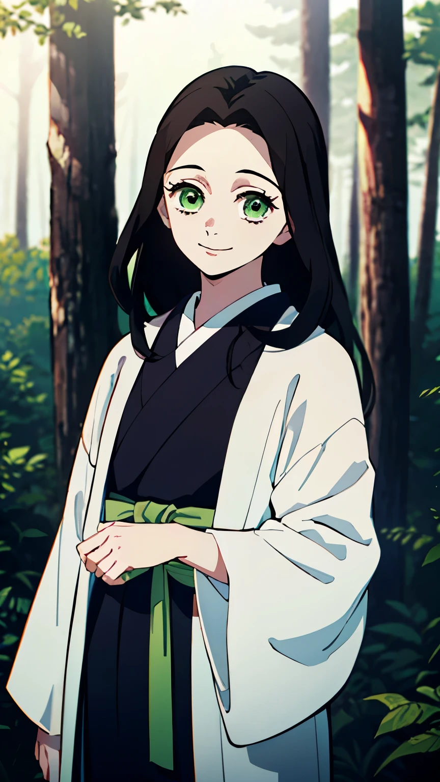 (best quality:1.2), 19-year-old young woman, extremely long flowing brown hair, bright green eyes gazing at the viewer. In a summery forest, with trees and vegetation a su alrededor. Primer plano, sola, paleta de colores armonizada, elegante, slightly happy expression. Kimono sencillo, estilo kimetsu no yaiba, colores kimetsu no yaiba. Detalles.