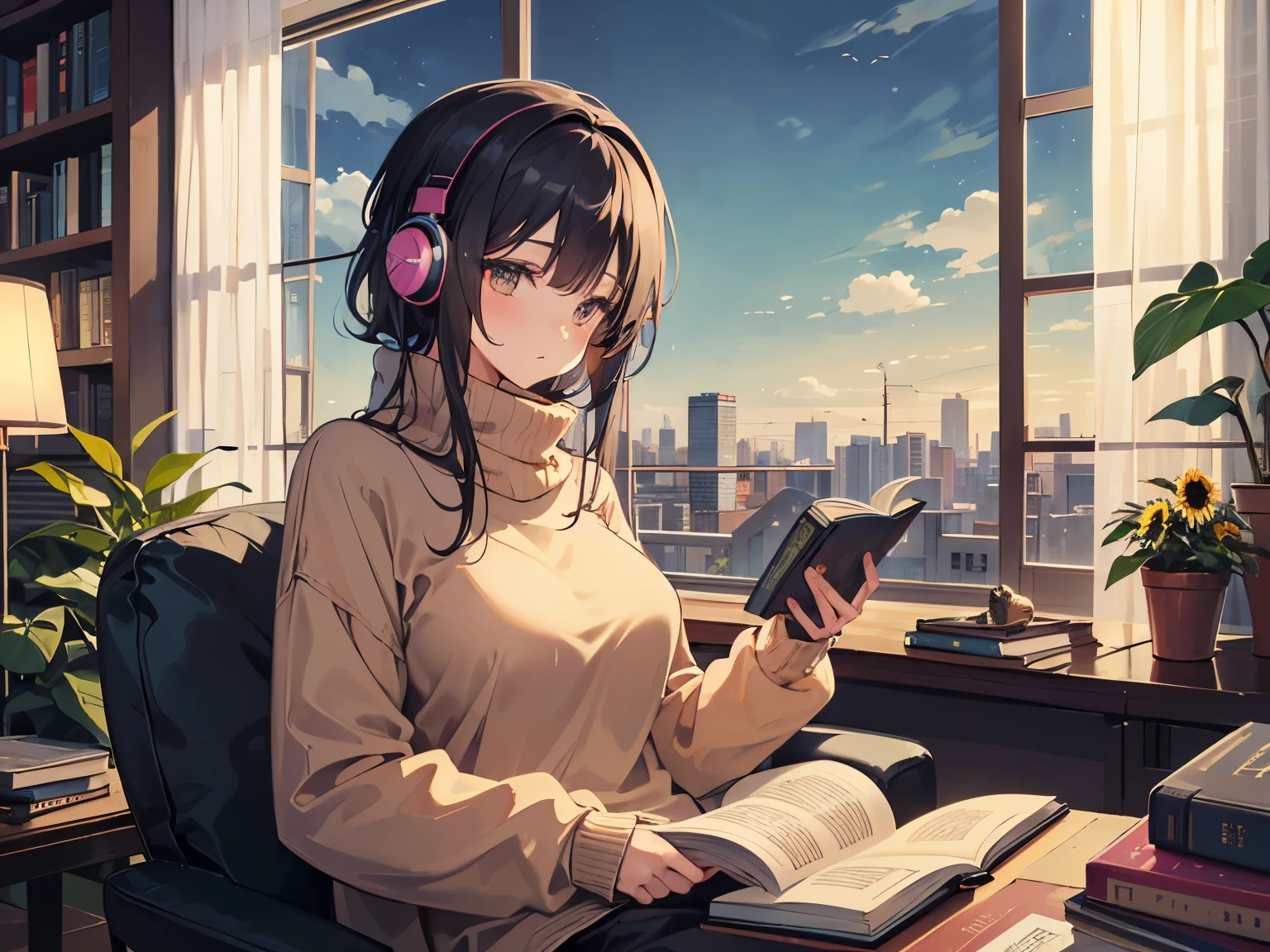 A detailed anime girl, wearing a large sweater, wearing headband headphones, lofi, tranquil, quiet vibes, chilling, in her living room reading, A large window with a view over the city, city skyline visible outside, quiet night, cat, masterpiece, best quality, big sunflowers, ficus, bougainvillea, flowers, books