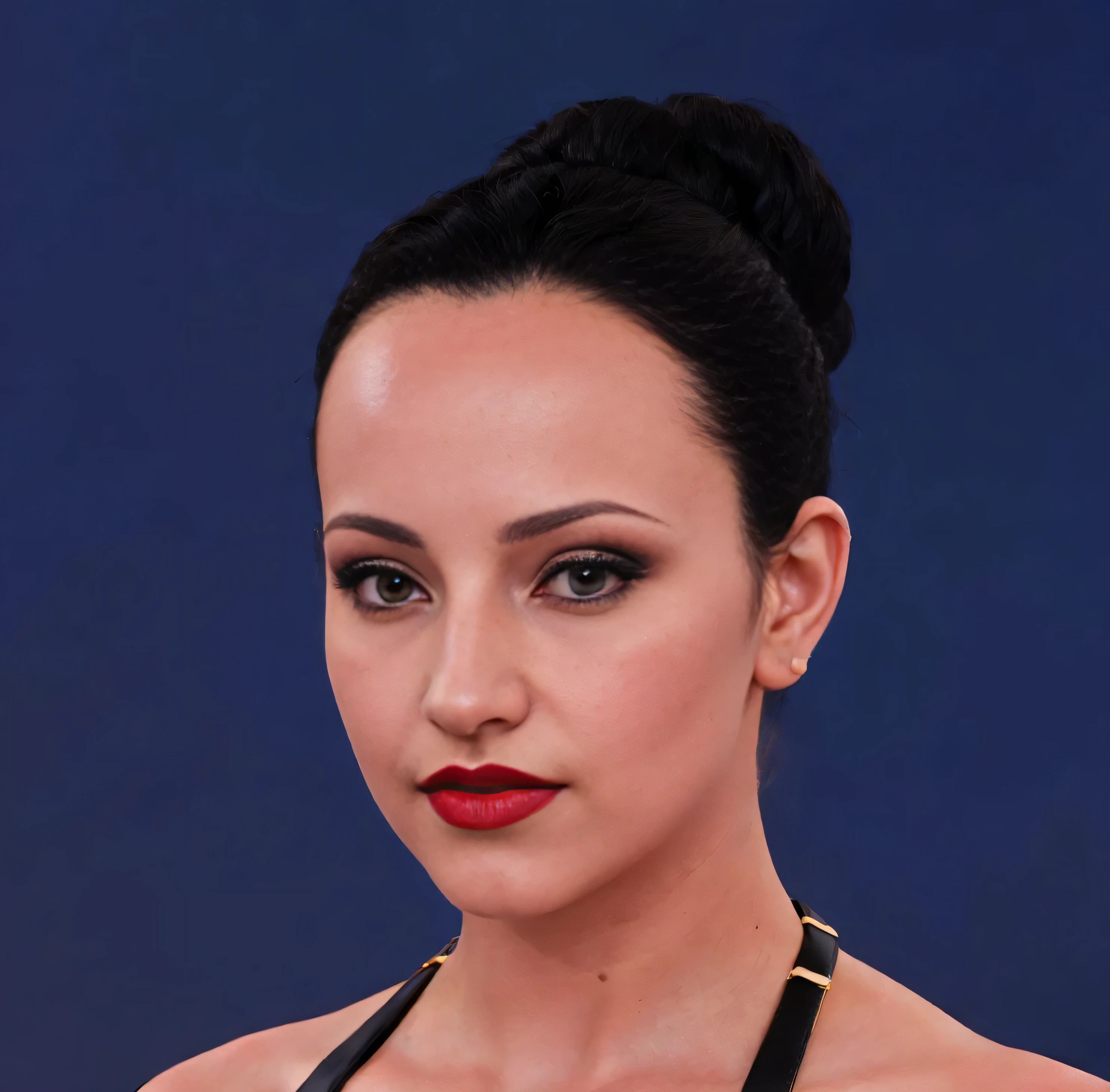 ((masterpiece, best quality)), ((33 year old)), (((Curvy))), (((Greek woman with black hair-bun)),  dark red lipstick, Standing in front of a blue screen, (((photo realistic)))