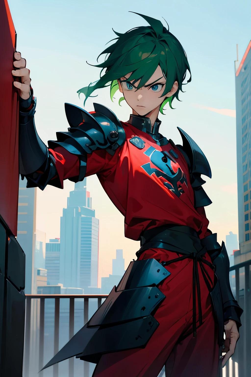 casual, citylike, red outfit,blue shirt, black jordans, young male,morning time, green hair, blue eyes, angry, partial armor, standing in middle