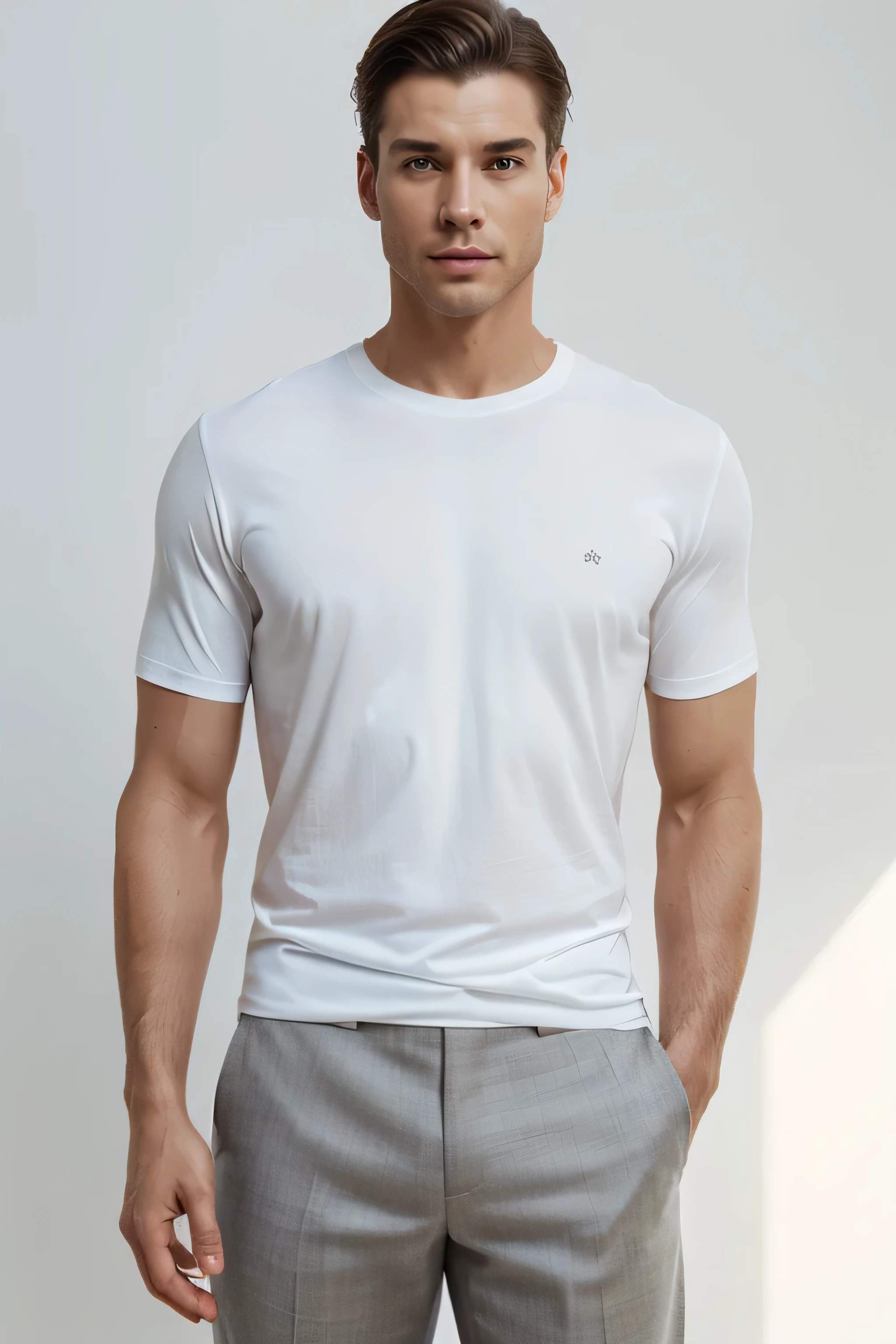 Indulge in the epitome of sophistication and style with our meticulously crafted white t-shirt, presented against a pristine white background in a hyper-realistic image that reflects the essence of professional product photography.

In this ultra-realistic representation, imagine um homem confiante e distinto exibindo nossa camiseta branca premium, impeccably tailored to perfection. Every intricate detail of the outfit is meticulously reproduced, from the smooth texture of the fabric to the subtle stitching along the seams, criando um retrato realista que confunde perfeitamente a linha entre a arte digital e a realidade.

The man exudes an air of effortless elegance as he stands, your behavior radiates confidence and refinement. A camiseta branca cabe nele impecavelmente, accentuating your physique and highlighting the timeless appeal of the piece. Crisp folds naturally cascade through the fabric, while delicate shadows and highlights dance gracefully across its surface, adding depth and dimension to the image.

o fundo, renderizado em branco imaculado, serves as a minimalist canvas that accentuates the purity and simplicity of the piece. Neste contexto,, a camiseta branca se destaca como um farol de luxo discreto, inviting viewers to immerse themselves in its unparalleled quality and style.

This ultra-realistic image offers a compelling look at the unparalleled craftsmanship and attention to detail that defines our white t-shirt., inviting guests to experience the height of sophistication and comfort for themselves.