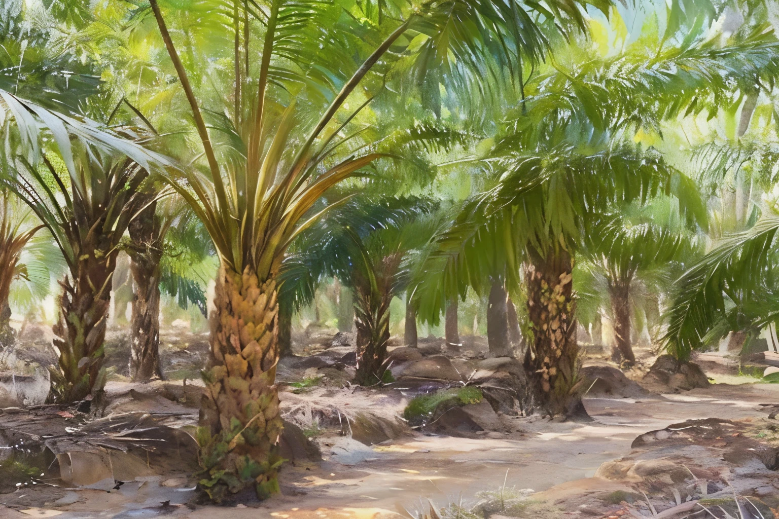 a palm plantation in the middle of a forest with lots of palm trees, the palms come from the ground, date palm trees, date trees, palmtrees, tree palms in background, coconut palms, coconut trees, dried palmtrees, blessing palms, palms, palm, tropical trees, a palm tree, the palms come from the depths, california;, tropical palms