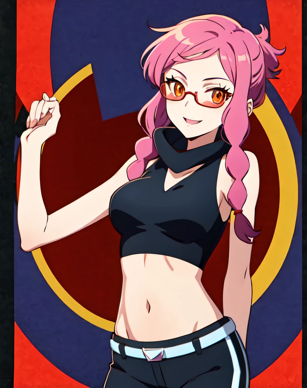 MALVA (POKEMON), 1GIRL, SOLO, ORANGE EYES, PINK HAIR, LONG HAIR, TWIN BRAIDS, BRAID, SUNGLASSES, TINTED EYEWEAR, SLEEVELESS SHIRT, BLACK SHIRT, BARE ARMS, MIDRIFF, RED AND BLACK PANTS, upper body, facing viewer, (looking at viewer:1.5), in the center, smile,