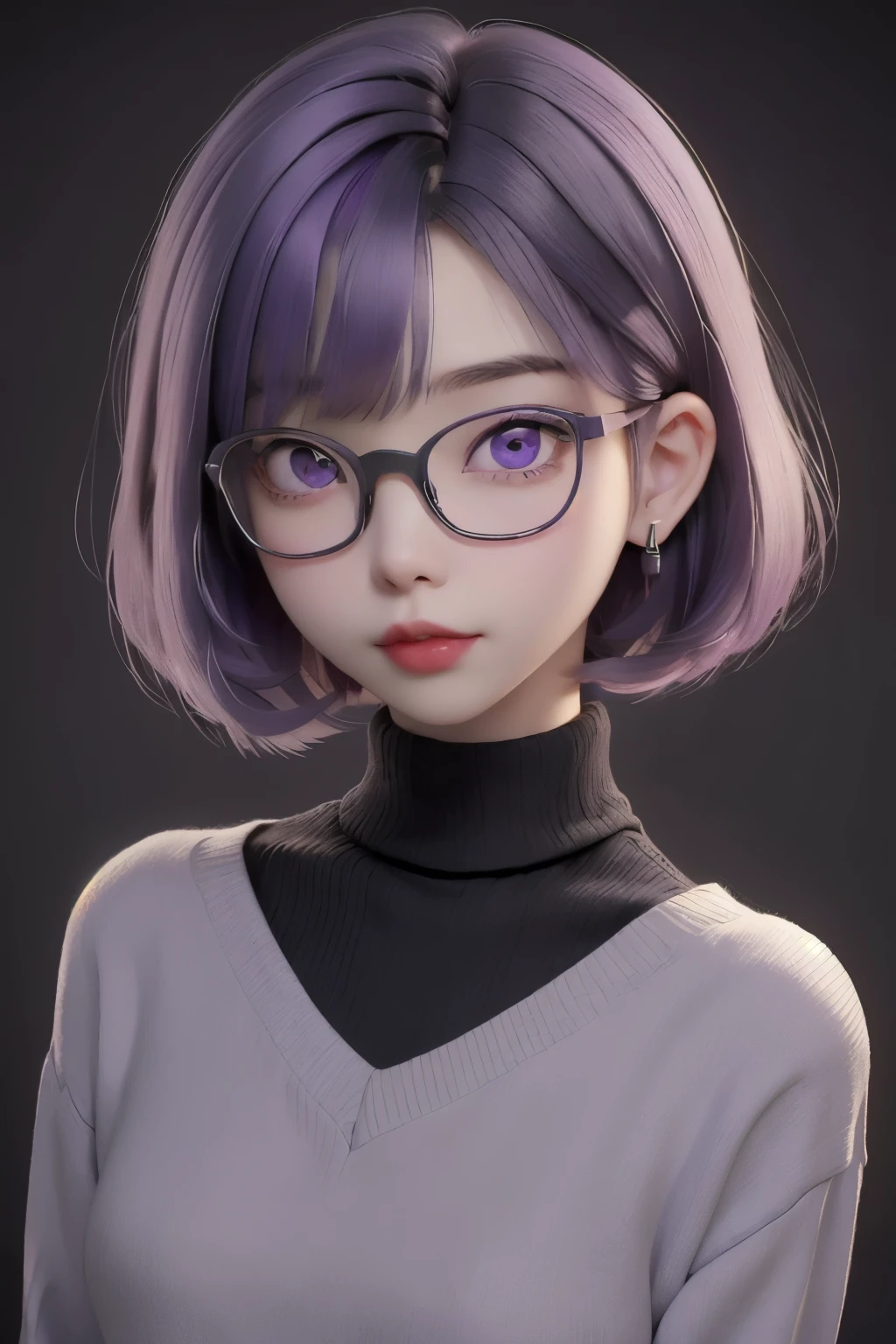 best quality, cartoon_portrait, 1girl, solo, looking at viewer, short hair, simple background, purple hair, bob cut, purple eyes, closed mouth, glasses, sweater, lips, swept bangs, black background, red lips,
