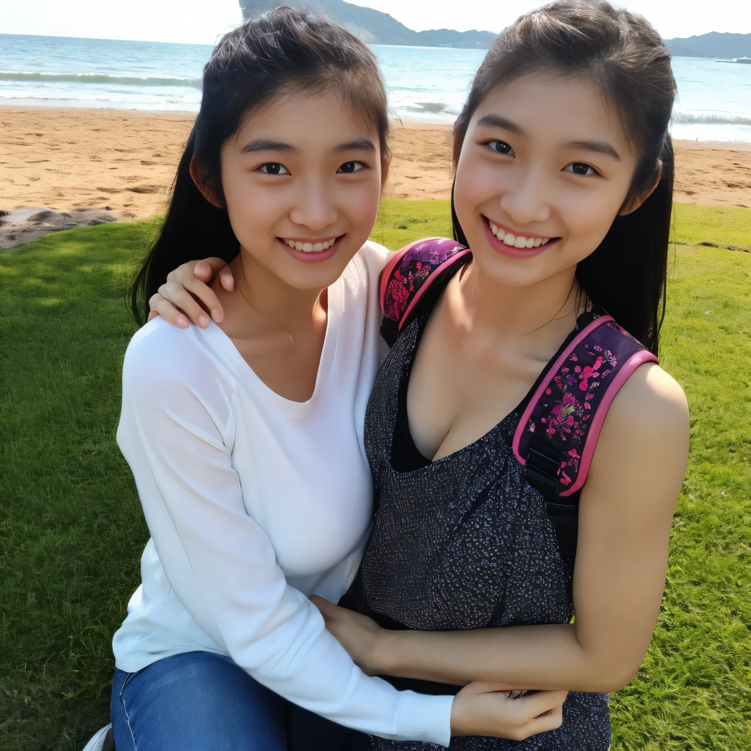 identical twin sisters、Japanese beautiful girl.nice round face、pretty cheerful smile、、Hold the kitten gently to your chest、kitten sitting on lap、Clothes with open chest and no shoulder straps、cargo pants、shiny brown hair、huge breasts、Attractive dynamic and sexy pose sitting on the sandy beach by the sea、human body as a whole、look at the audience、Light of the sun、cinematic light、Depth of the bounds written、highest quality、