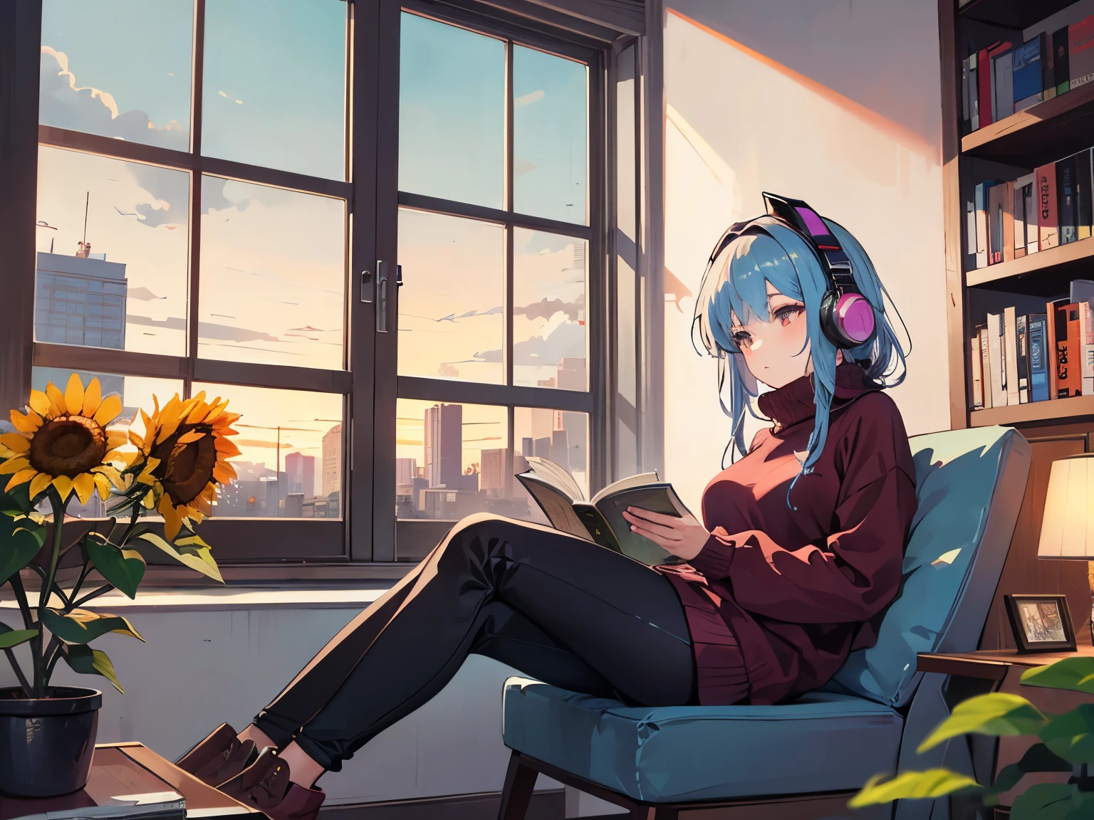 A detailed anime girl, wearing a large sweater, wearing headband headphones, lofi, tranquil, quiet vibes, chilling, in her living room reading, A large window with a view over the city, city skyline visible outside, quiet night, cat, masterpiece, best quality, big sunflowers, ficus, bougainvillea, flowers, books