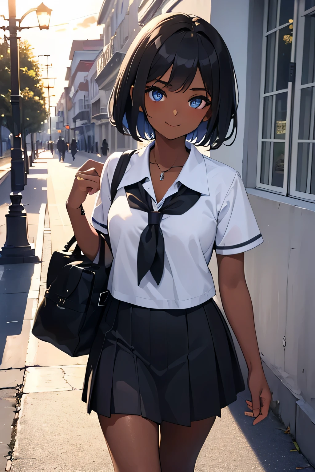 obra de arte, melhor qualidade, 1 garota, ((( adolescente))), ((dark skinned female)), sorriso, olhando para o espectador, olhos detalhados, ((cabelo curto)), (((cabelo preto))), olhos azuis, ((uniforme escolar preto e branco)), ((feliz)), ((Andando)), bonitinho, ((ruas)), ((bolsa)), ((cores vivas)), bela luz solar detalhada, sunset, fundo detalhado, mais alta qualidade, Focado, ultra detalhado, absurdos, (hdr:1.5)