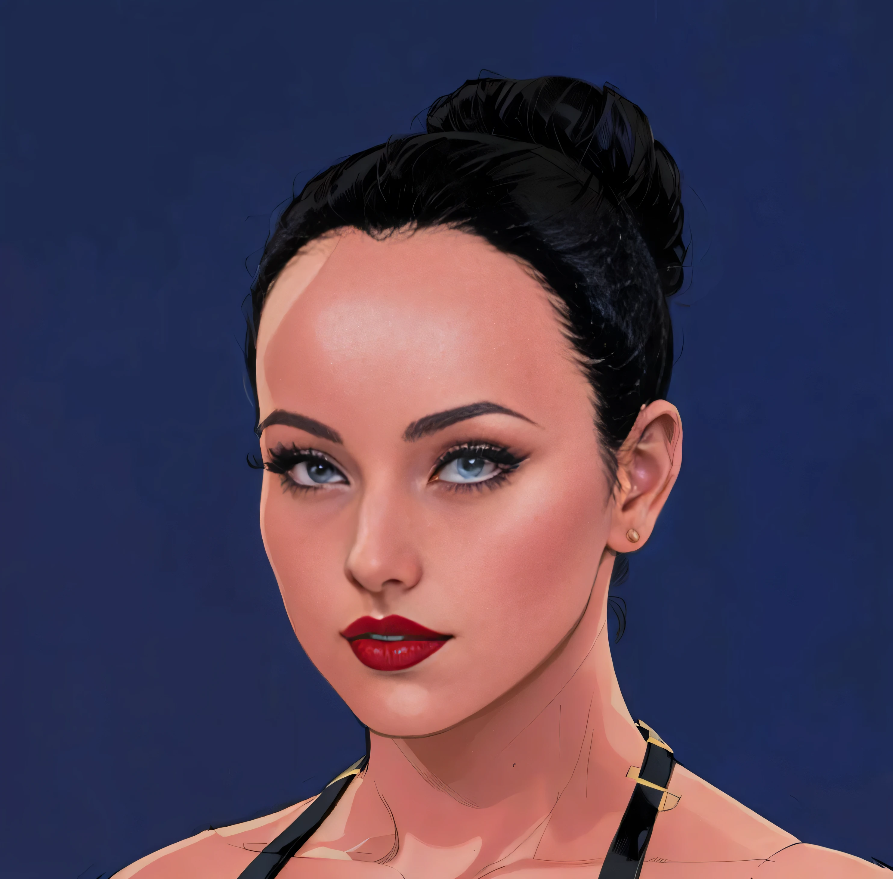 ((masterpiece, best quality)), ((33 year old)), (((Curvy))), (((Greek woman with black hair-bun)), dark red lipstick, Standing in front of a blue screen, (((comic book art style)))