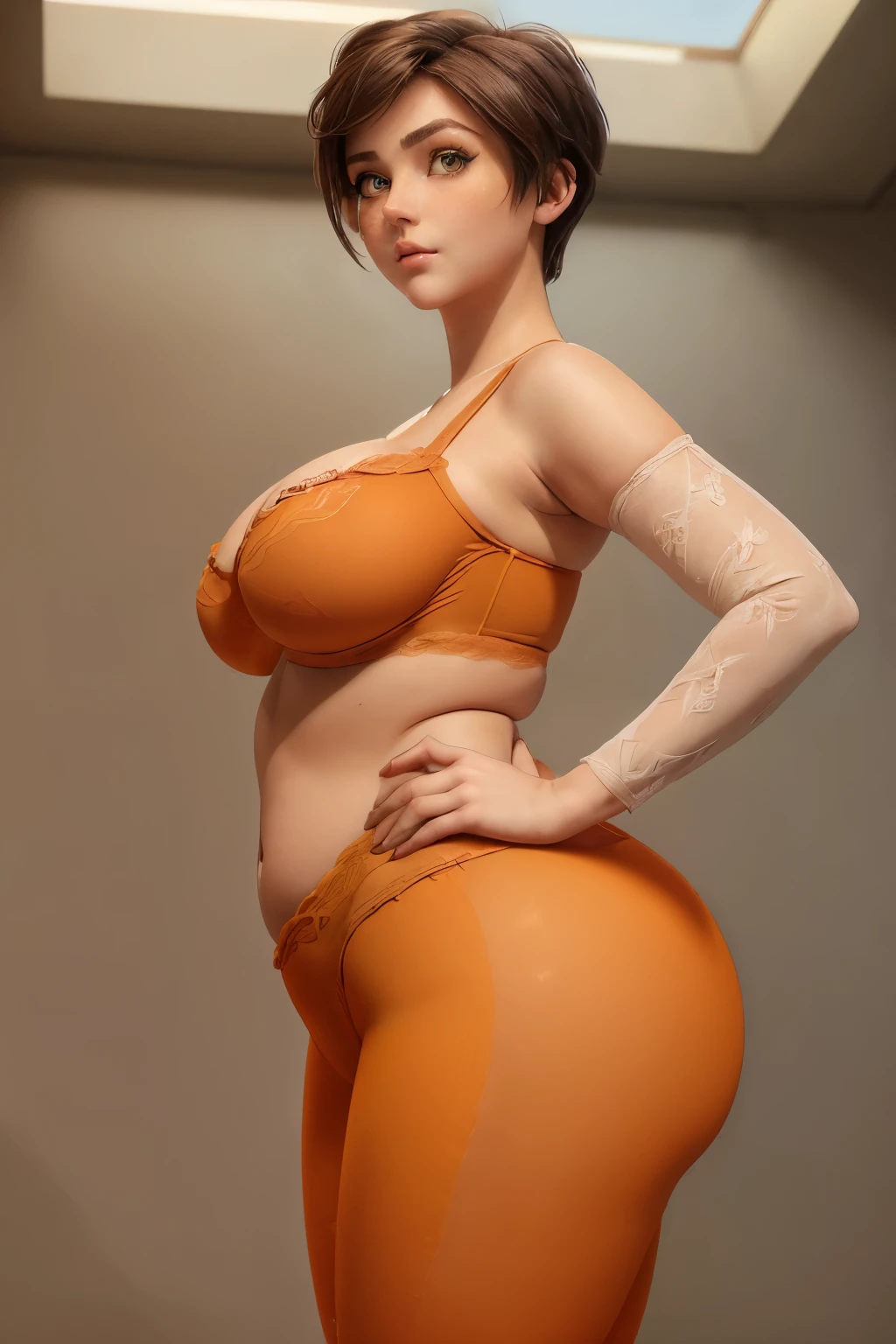 ((masterpiece)), ((photorealistic)), ((8k wallpaper)) , ((best quality)), ((perfect quality)), solo, (detailed eyes), (solo), girl, Tracer, short hair, brown hair, (view from side), pose : ( view from side, shy pose, arm on belly), very beautiful, face : ( very beautiful face, plump face, plump cheeks, round face, (perfect face), (makeup), big eyes, 20 years old, cute face, young ) , figure: ( very full body, (thicc), (very curvy), very soft, big breasts, (sexy curves), sexy, (very chubby), (chubby belly), love handles, (wide waist), (big deep navel), muffin top, thunder thighs) , clothes : (tight orange lingerie, tight orange tights)
