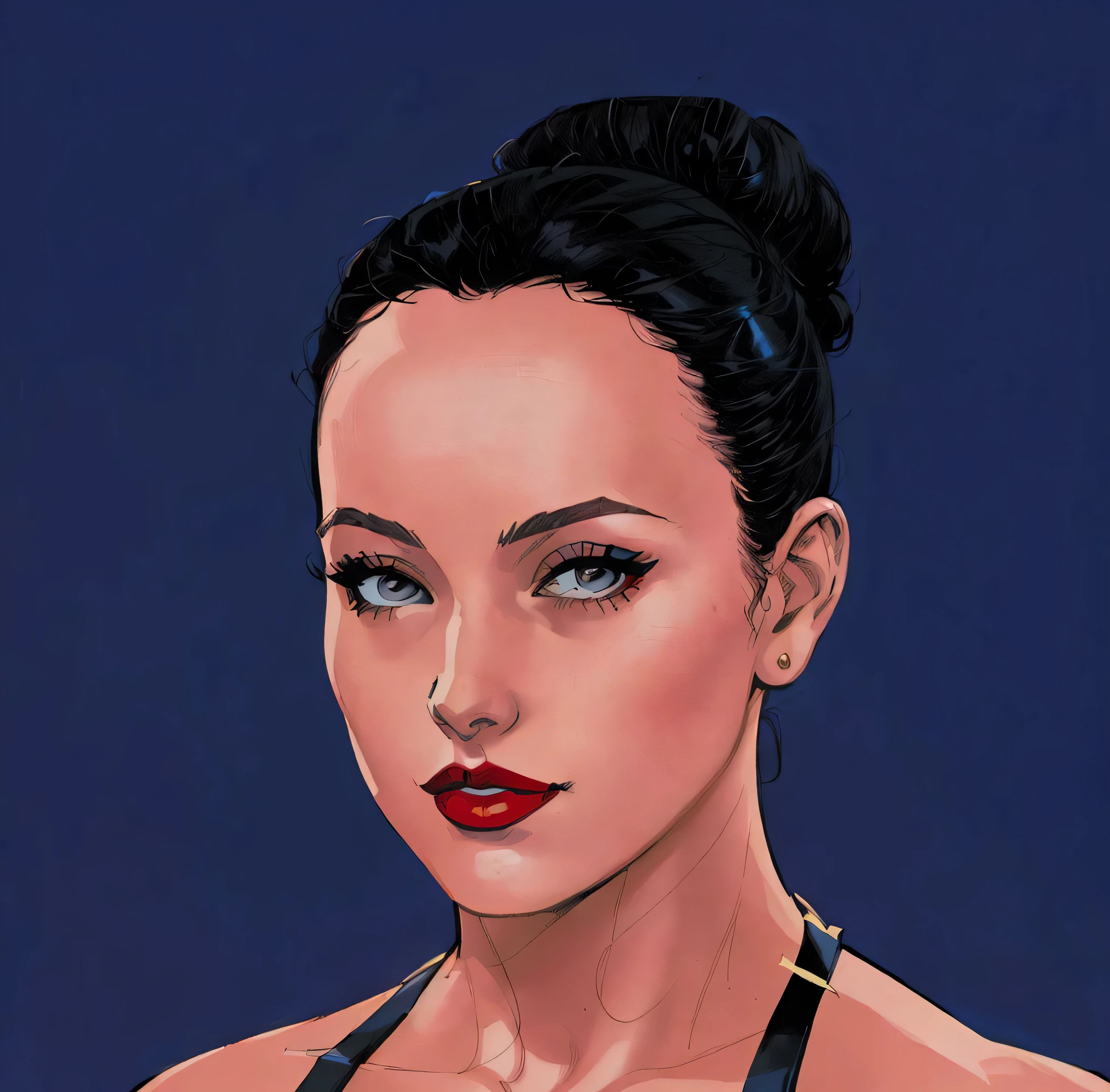 ((masterpiece, best quality)), ((33 year old)), (((Curvy))), (((Greek woman with black hair-bun)),  dark red lipstick, Standing in front of a blue screen, (((comic book art style)))