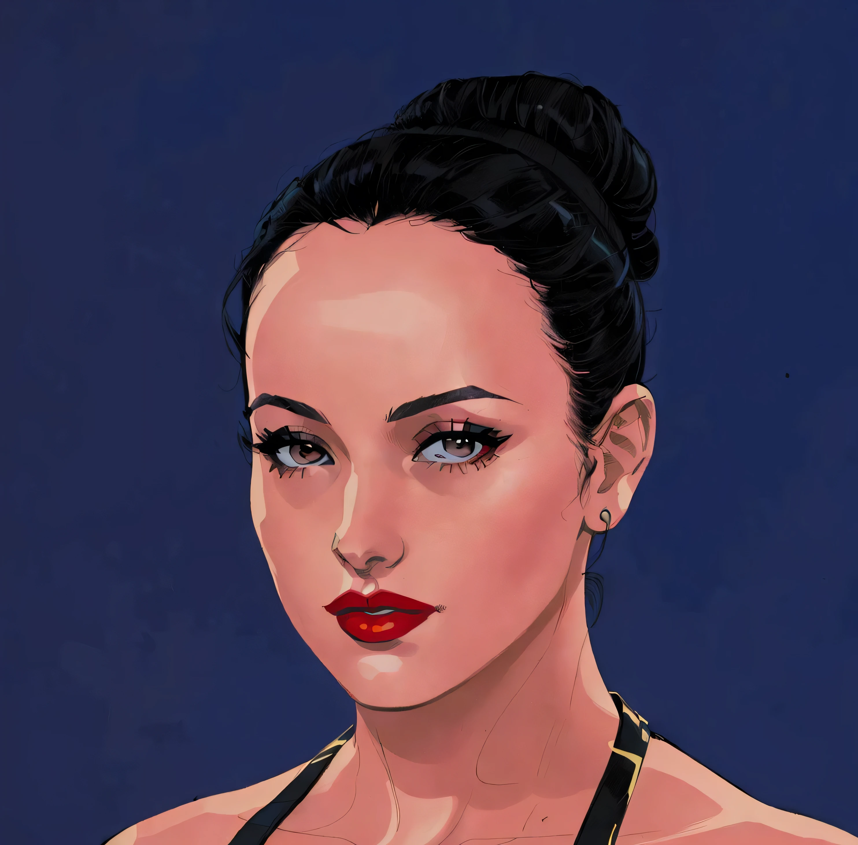 ((masterpiece, best quality)), ((33 year old)), (((Curvy))), (((Greek woman with black hair-bun)), dark red lipstick, Standing in front of a blue screen, (((comic book art style)))