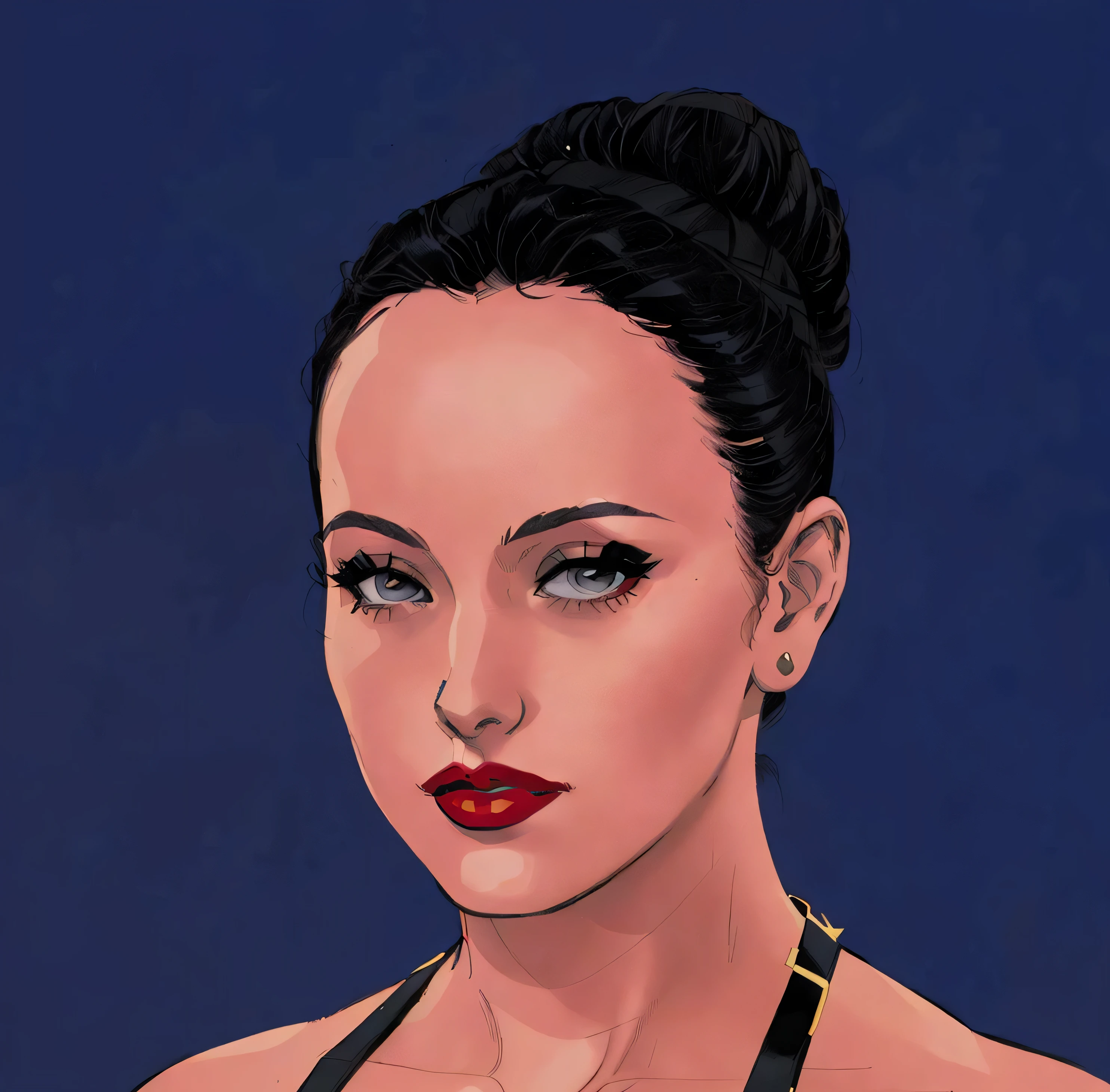 ((masterpiece, best quality)), ((33 year old)), (((Curvy))), (((Greek woman with black hair-bun)), dark red lipstick, Standing in front of a blue screen, (((comic book art style)))