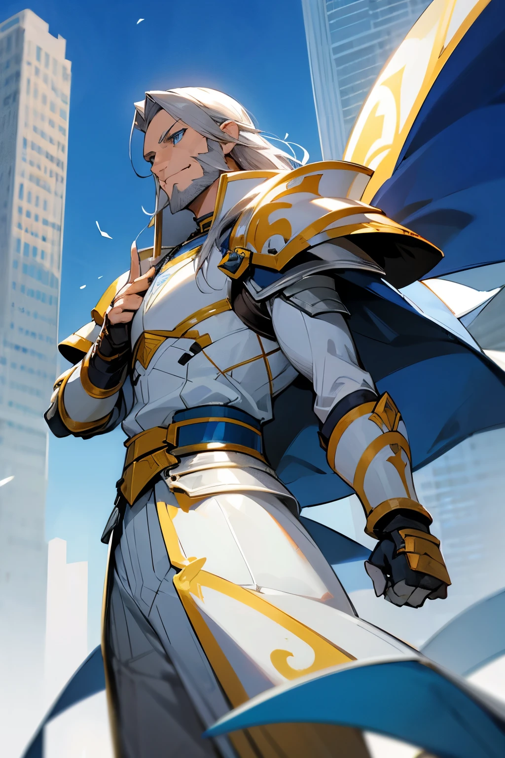 avatar, grey hair, young male, white outfit, white shirt, blue eyes, citylike background, straight hair, yellow armor piece, smirking, muscular, beard,
