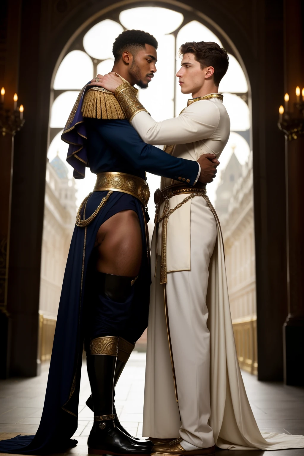 an interracial gay male couple of men in full royal garb romantic embrace, fully clothed, nice pants, face to face, european and african, homoerotic, darius zawadzki and tom bagshaw, inspired by Hedi Xandt, brown skin man egyptian prince, by Hedi Xandt, edmund blair and charlie bowater, inspired by Frederick Lord Leighton, wlop and andrei riabovitchev, charlie bowater and mark brooks, tom holland, full body, interracial gay men, brownskin shortcurlyafro,  caucasian tsar of Russia short hair, jeweled loin guard, rendering, digital painting, Imperial coat of arms Russia, males only, beautiful attractive antique kings male lovers. 