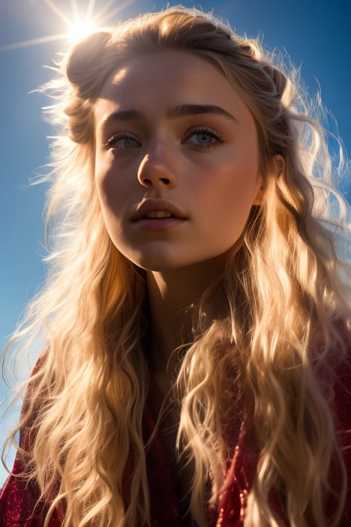 Sansa Stark, soaring female figure made of ribbons, smoke, in the sky, colorful and bright, mystical colors, modern impressionism, iridescent painting, 3/4 perspective view, cute face, low angle, wide swirling composition, big beautiful crystal eyes, large iris, UHD, HDR, 8K, (Masterpiece: 1. 5), (World's most beautiful portrait: 1.5)