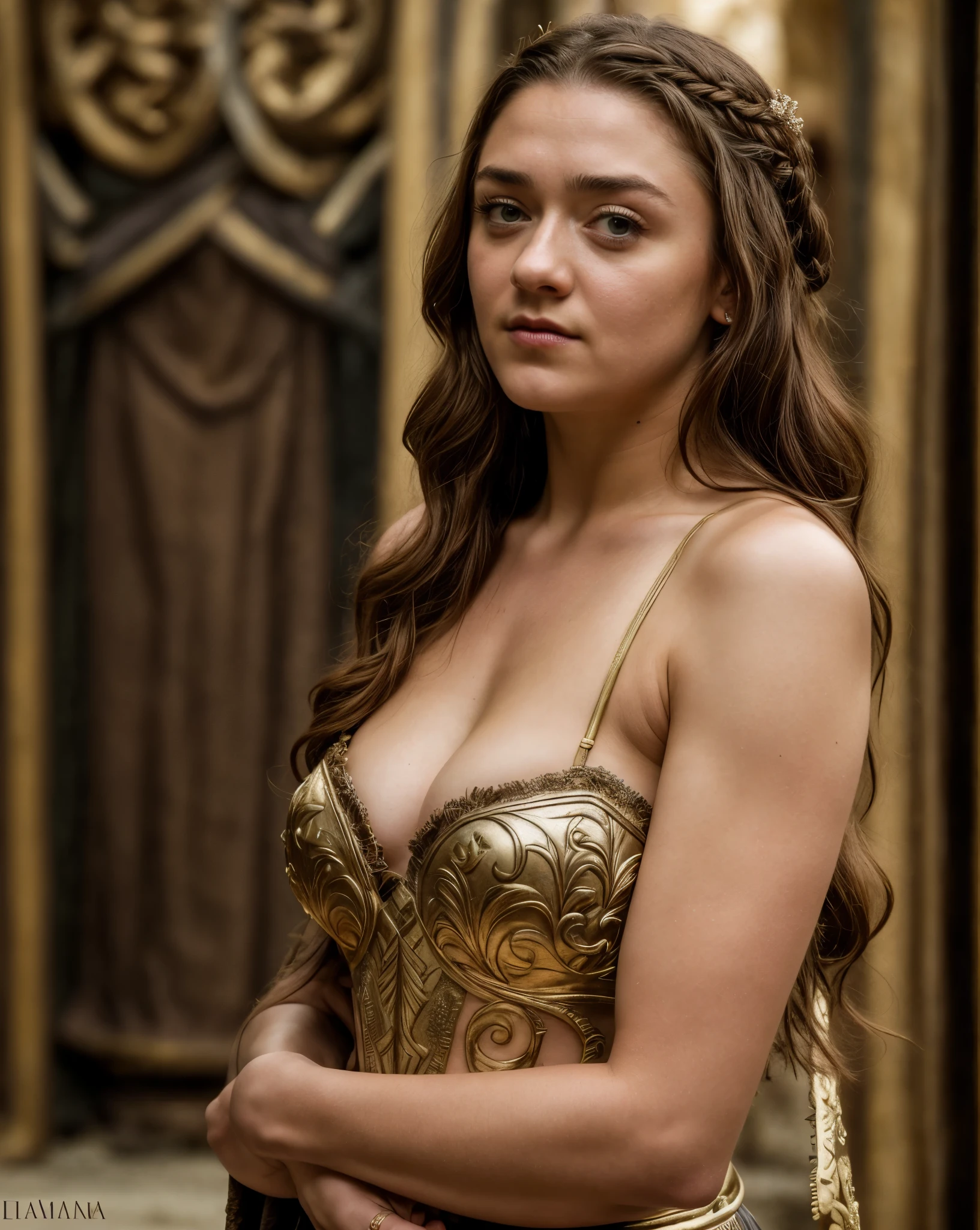 Foto RAW, Arya Stark, Extremely gorgeous lady, Arya Stark PLAYED BY MAISIE WILLIAMS, Queen Arya Stark, she a mature woman now, milf, sexy mediaeval battle dress, gladiator woman, body, 40 years old Woman, body revealing costumes, perky breast, skin pores, big natural breast, erotic costumes, lusty physique, seductive figure can capture every people's attention, Game of thrones costumes, revealing captivating figure, Mediaeval costumes, revealing clothes, A tomboy, she would rather fence than dance, warrior queen , game of thrones screen caps, Game of Thrones Series, (pele altamente detalhada: 1.2), 8k UHD, DSLR, soft-lighting, alta qualidade, grain of film, Fujifilm XT3, flawless picture, highly detailed, detailed Beauty, intricate, 32k, sharp picture, showing her beautiful armpits,