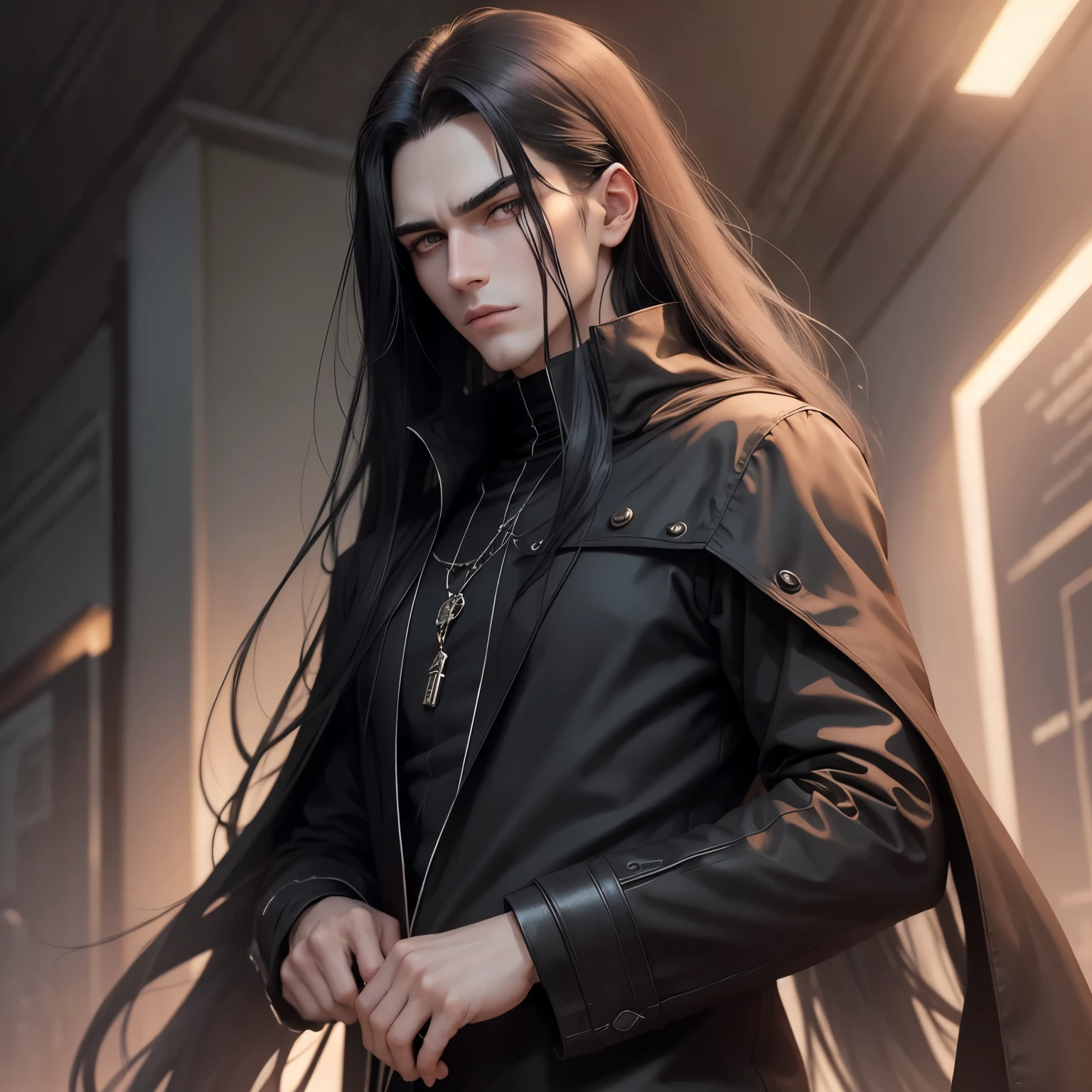 Long straight black haired human male. Pale skin dark eyes thick lashes high cheek bones smooth chin, black shirt, black coat. Striking eyes. Very handsome. No flaws. hell background
