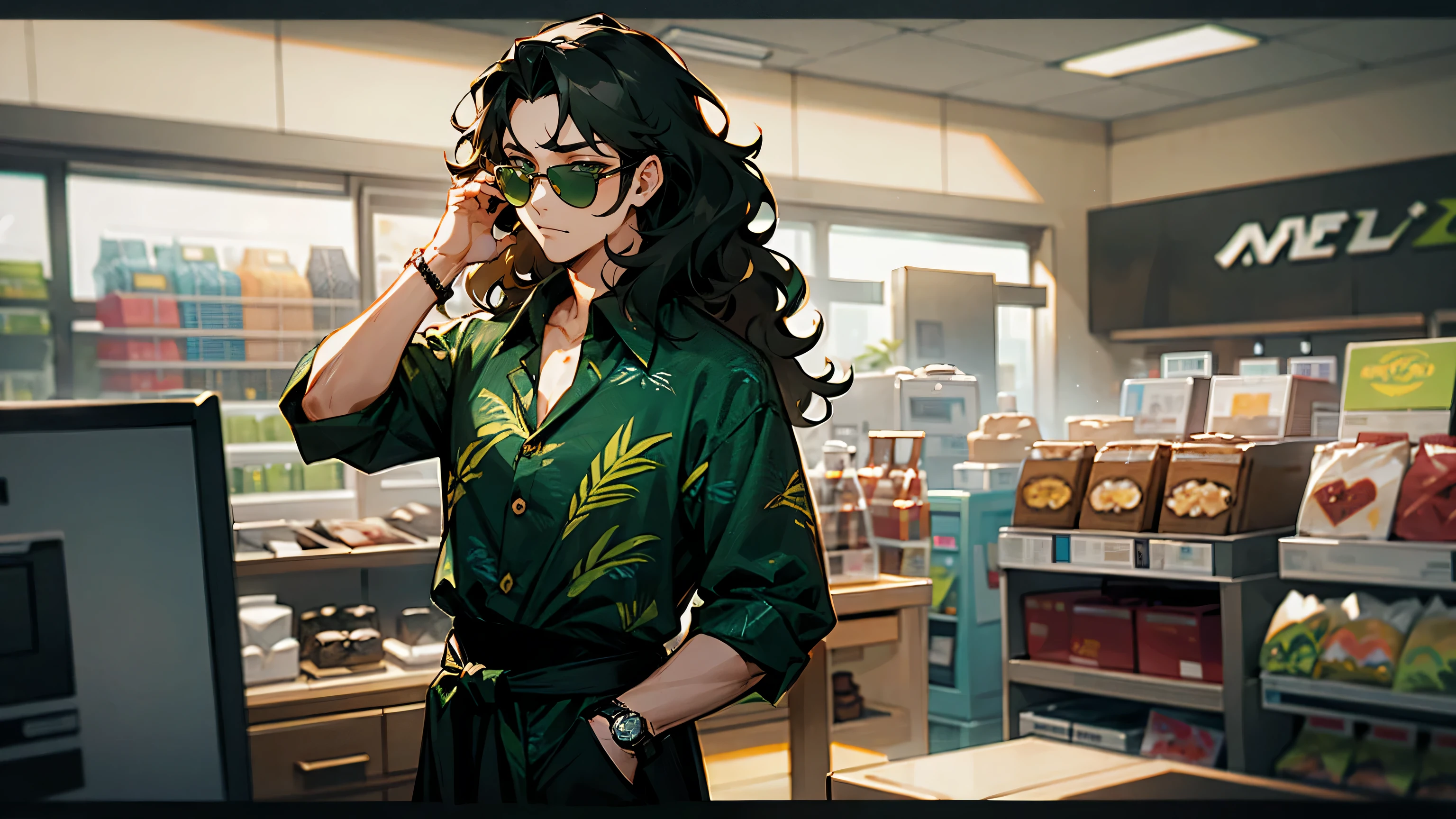1male, hawaiian hair, wavy hair, green eyes, sunglasses, black hawaiian shirt, tied to waist, watch, inside store