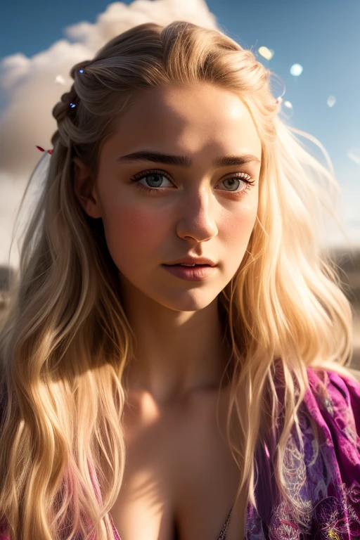 Sansa Stark, soaring female figure made of ribbons, smoke, in the sky, colorful and bright, mystical colors, modern impressionism, iridescent painting, 3/4 perspective view, cute face, low angle, wide swirling composition, big beautiful crystal eyes, large iris, UHD, HDR, 8K, (Masterpiece: 1. 5), (World's most beautiful portrait: 1.5)