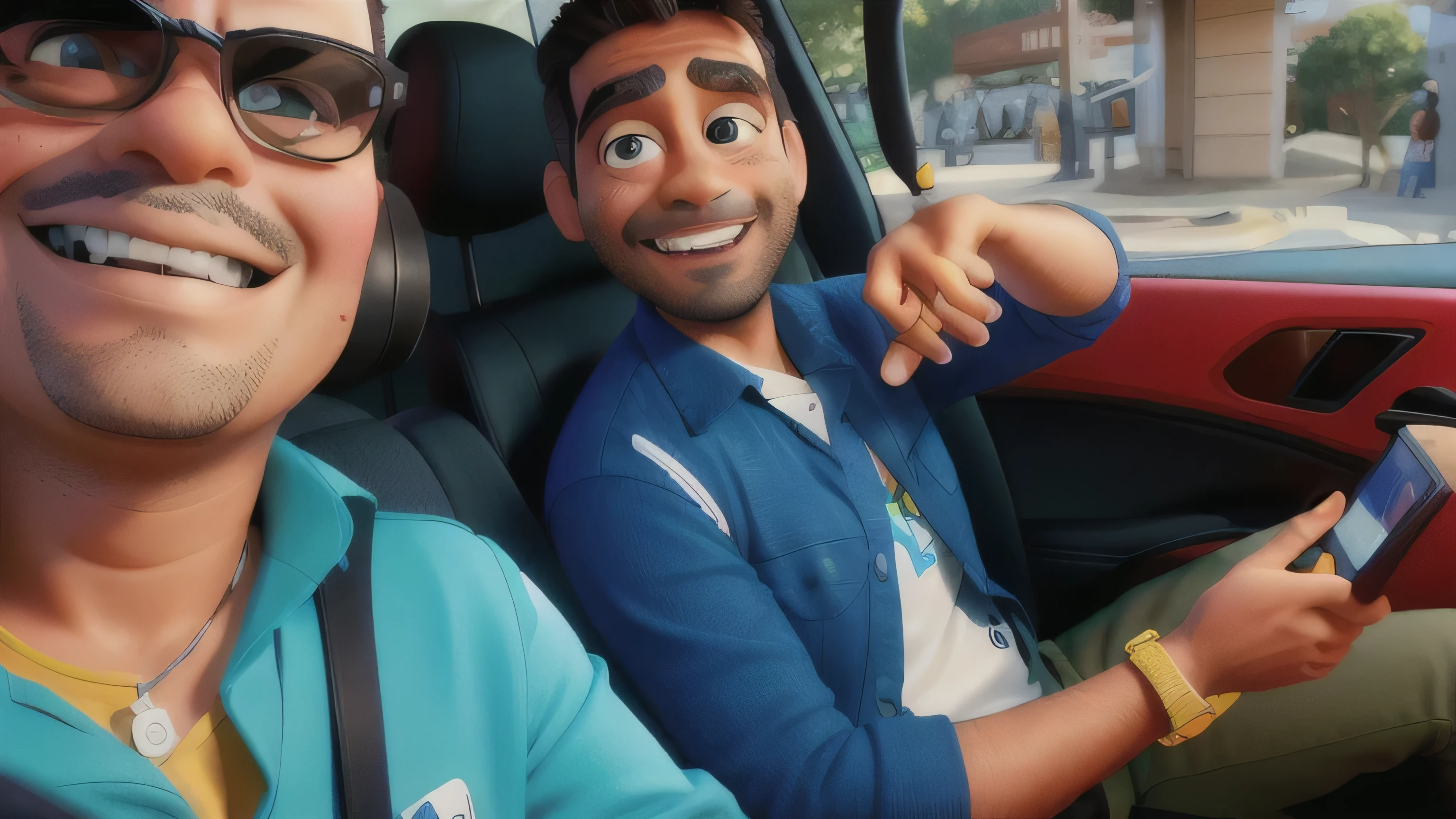 there are two men sitting in a car and one of them, com barba, You're holding a cell phone, MC Escher e Ronny Khalil, muito expressivo, postagem no reddit, in sao paulo, por Niko Henrichon, imagem de alta qualidade, amr elshamy, imagem de qualidade muito baixa, mutahar rindo, tiro sincero, carpool karaoke, por Romain Brook, foto sincera no estilo Disney-pixar