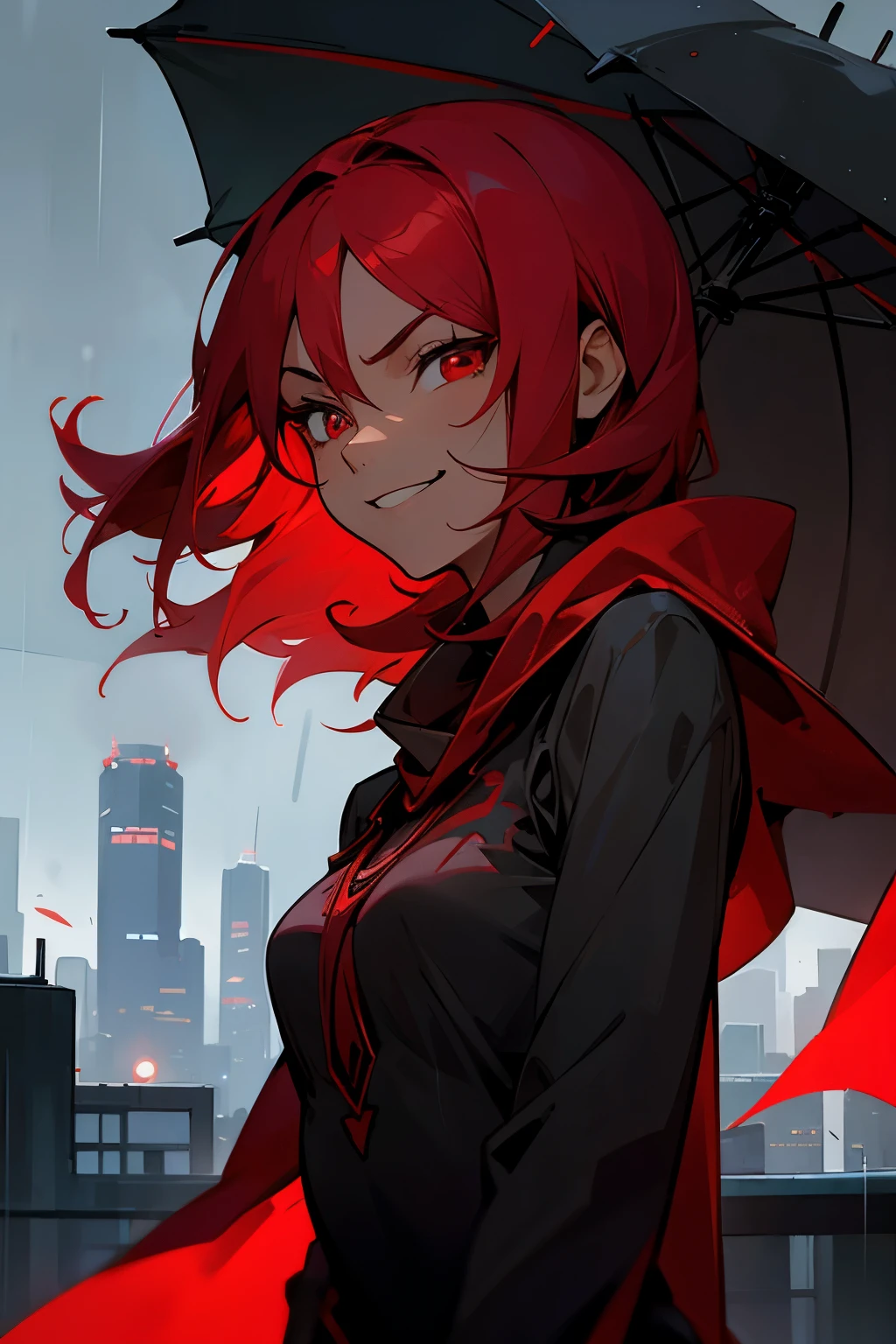 avatar, red hair, young female, city background, red cape, red eyes, black shirt, medium length hair, raining, evil smirk, dark skin