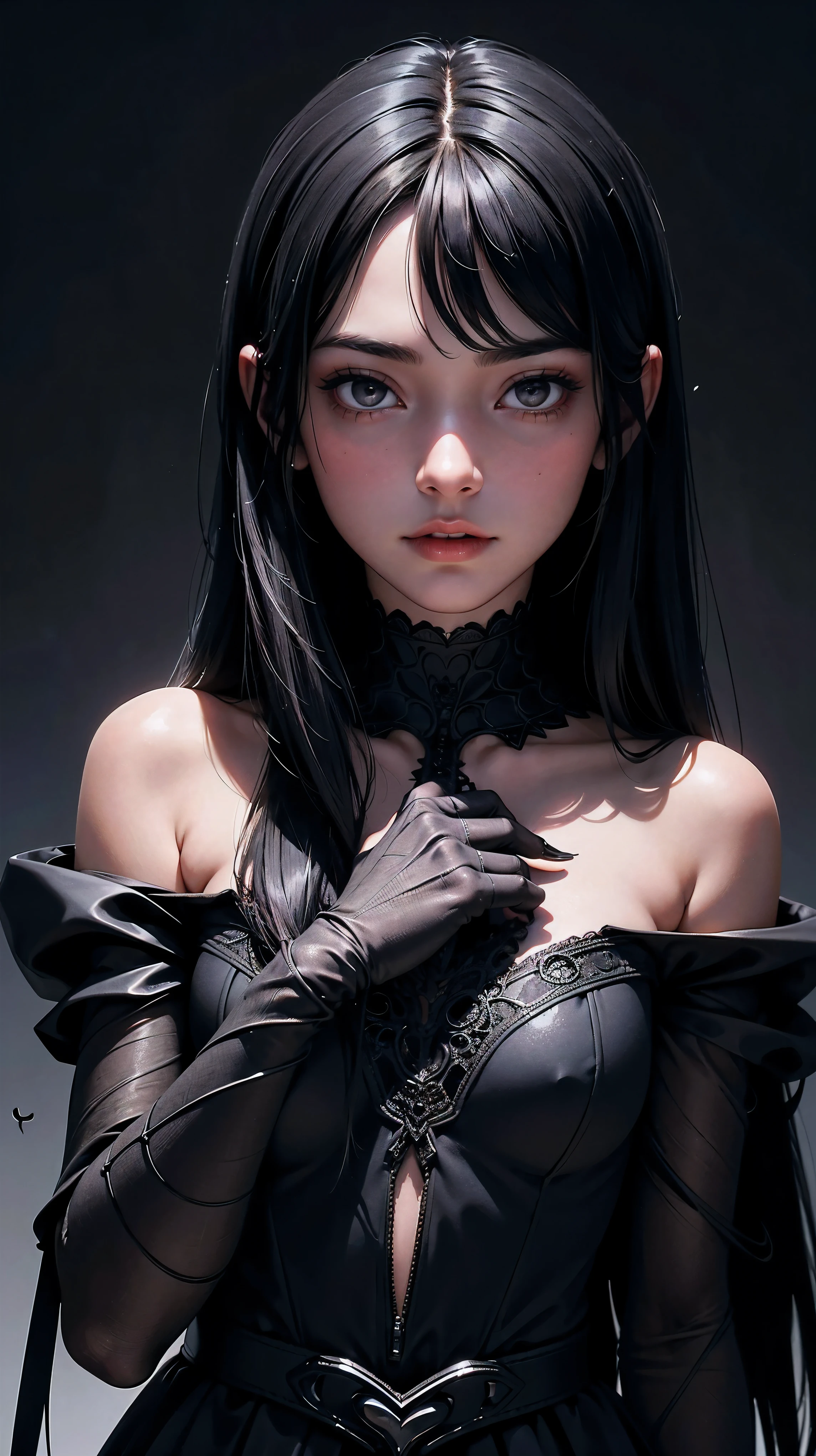 close-up, beautiful young girl, dark long hair, Black eyes, Black dress, black spider in hands, girl holding a spider, cobweb in the background, 8K, High detail, High realism, dark fantasy art