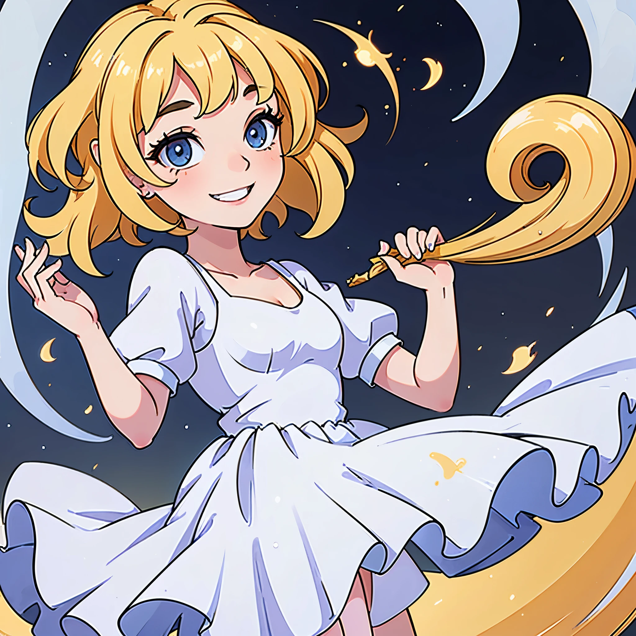 Golden yellow hair, blue eyes, smile, pretty face, beautiful, , big hair, White dress, perfection, no mistakes