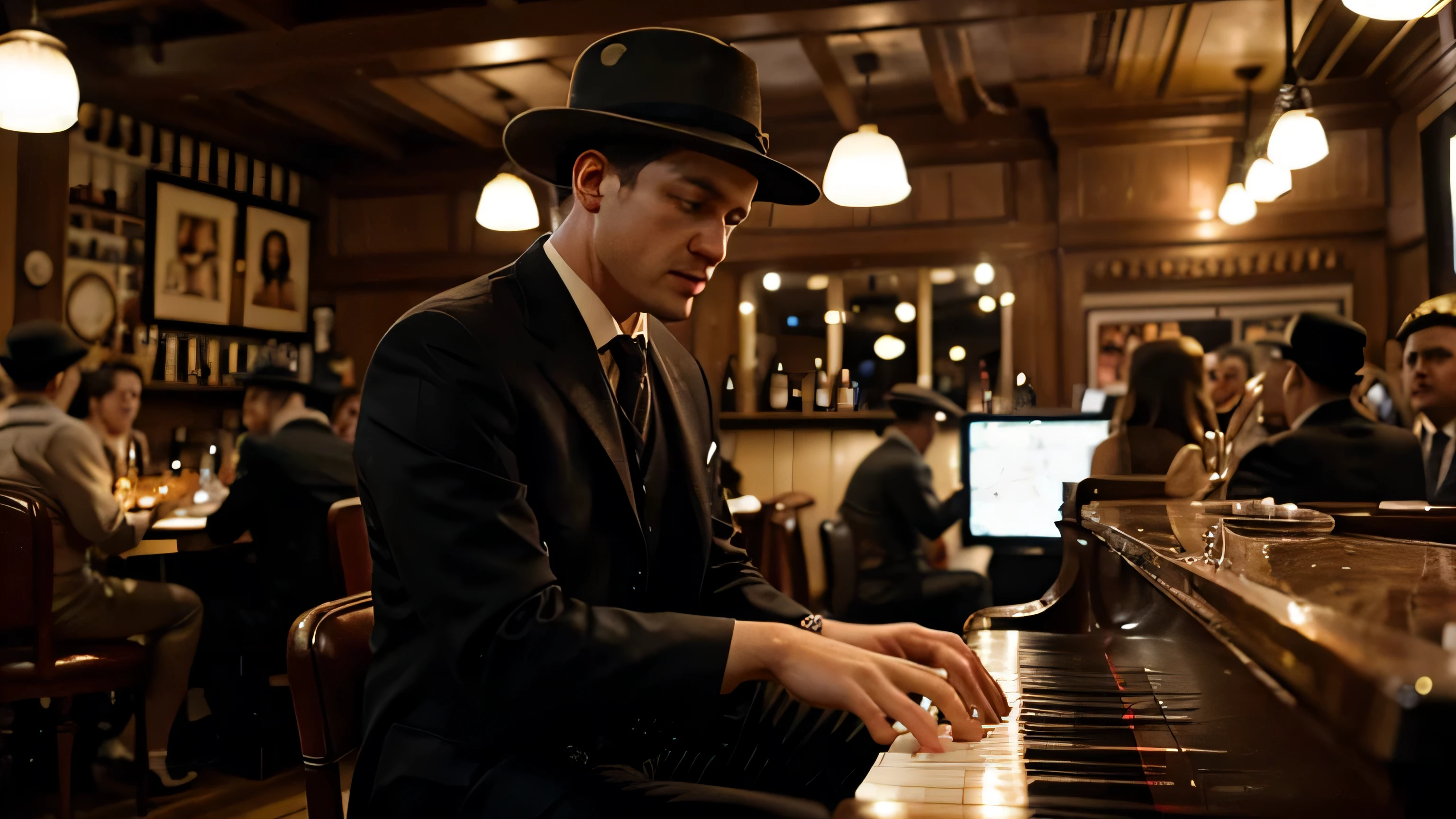 A man in a suit and small hat playing the piano in a bar full of people singing., photography from the 50s&#39;s