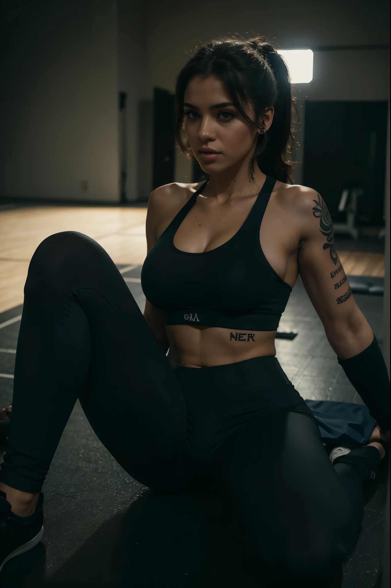 (melhor qualidade) Garota de roupas esportivas detalhadas, sitting on the gym floor, pernas abertas, wearing complex leggings and sports bra, highlighting the slight abdomen, while the chest tattoo adds a cinematic touch to the scene amidst the black tattoo, and cinematic lighting enhances the overall environment.