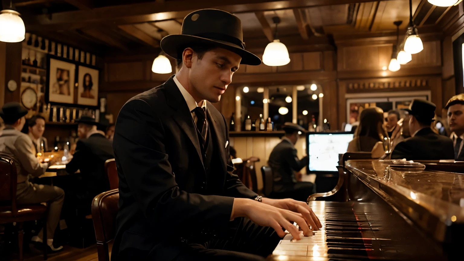 man in a suit and small hat playing the piano in a bar full of people singing, photography from the 50's