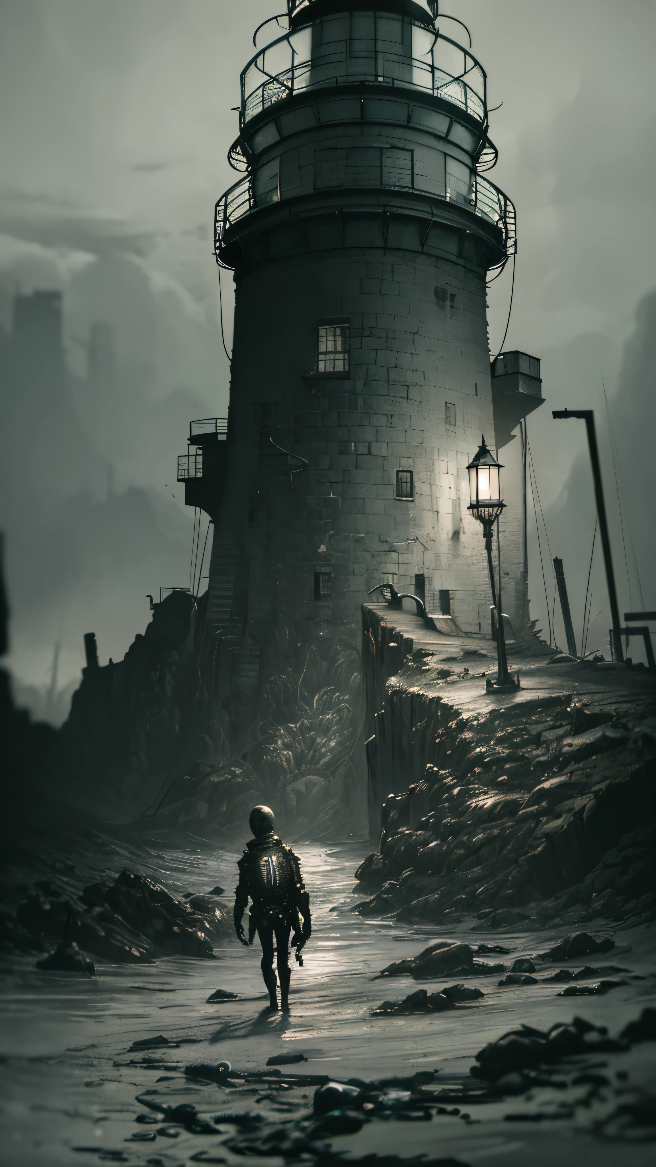 ((atmosfera biopunk sombria)), (farol de carne escura), vermes cinza escuro olham para o farol, gloomy cold lighting, muita areia cinza, (desprezar o estilo de videogame), Atmosfera de terror, (presence of something terrible), fundo biopunk altamente detalhado, fundo por Hans Giger, anatomia perfeita, obra de arte