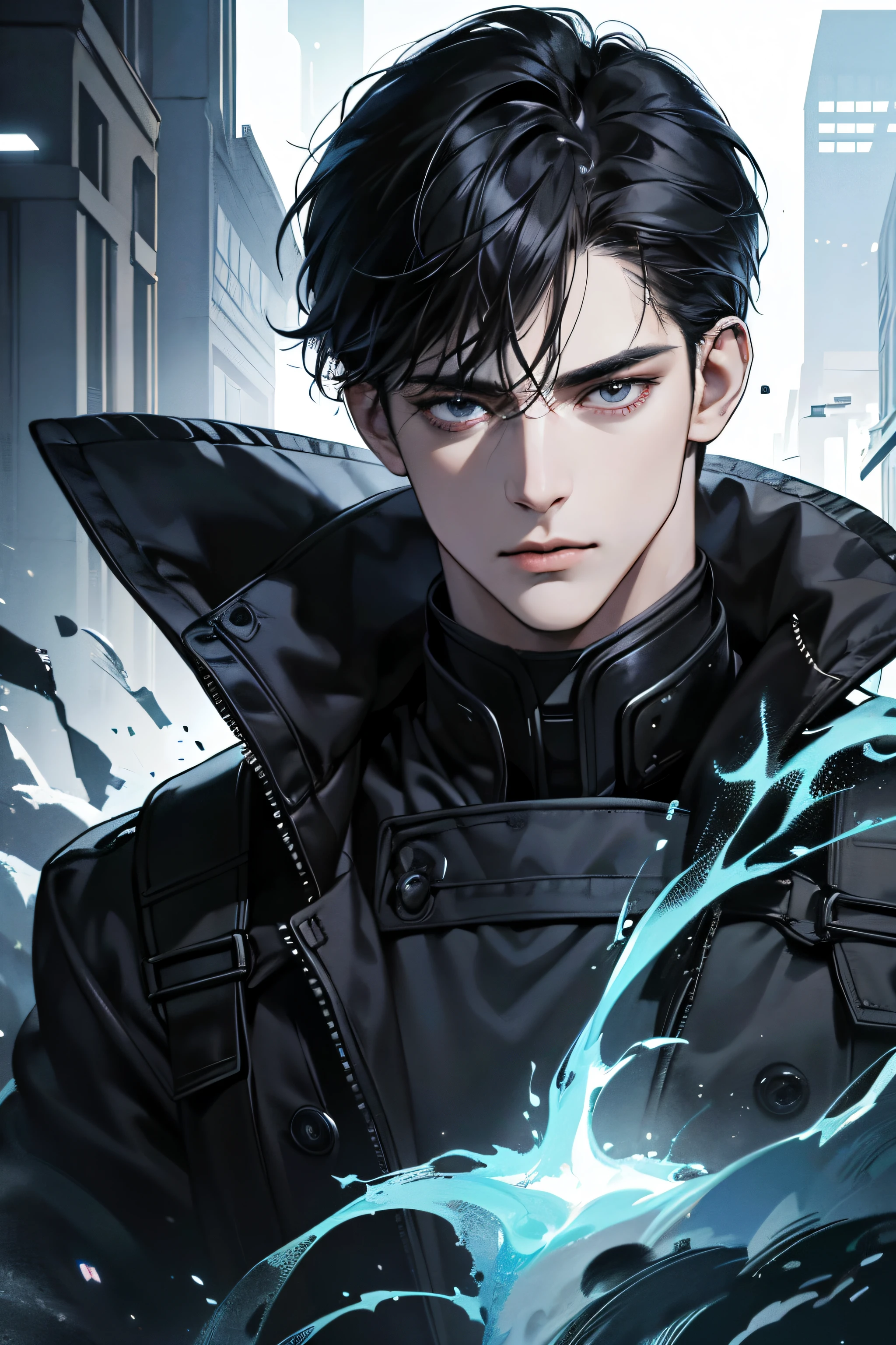 (Detailed image with the best quality Beautiful 8K image Photorealistic dramatic lighting 1:1) (digital art digital illustration) (camera focused on face) (cold tones, dim lighting) Art Manhwa 29 years old man very handsome black hair black clothes black eyes (piercing gaze cold expression perfect face perfect lines) a walk in a chaotic dystopian setting