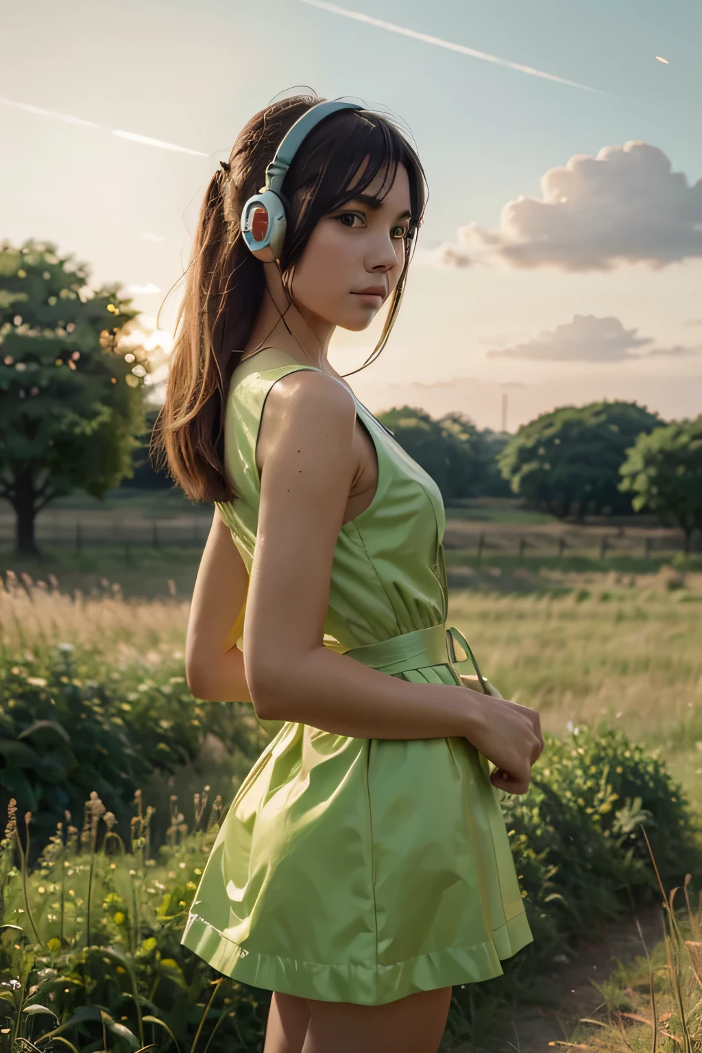 girl wearing beautiful dress listening to music through headphone with walkitalki and standing in green field .amazing sunset, golden ratio, detalhe falso, pixiv fanbox trends, acrylic palette knife, estilo de makoto shinkai estúdio ghibli genshin impact james gilleard greg rutkowski chiho aoshima