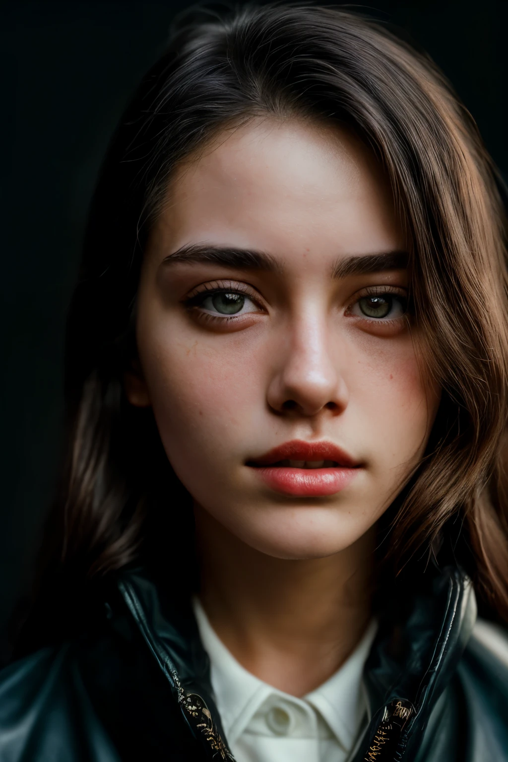 (close-up, editorial photograph of a 21 year old woman), (casual wear with white collar and elegant leather coat), (highly detailed face:1.4) (smile:0.7) (background inside dark, moody, private study:1.3) POV, by lee jeffries, nikon d850, film stock photograph ,4 kodak portra 400 ,camera f1.6 lens ,rich colors ,hyper realistic ,lifelike texture, dramatic lighting , cinestill 800, (add_detail:1)
