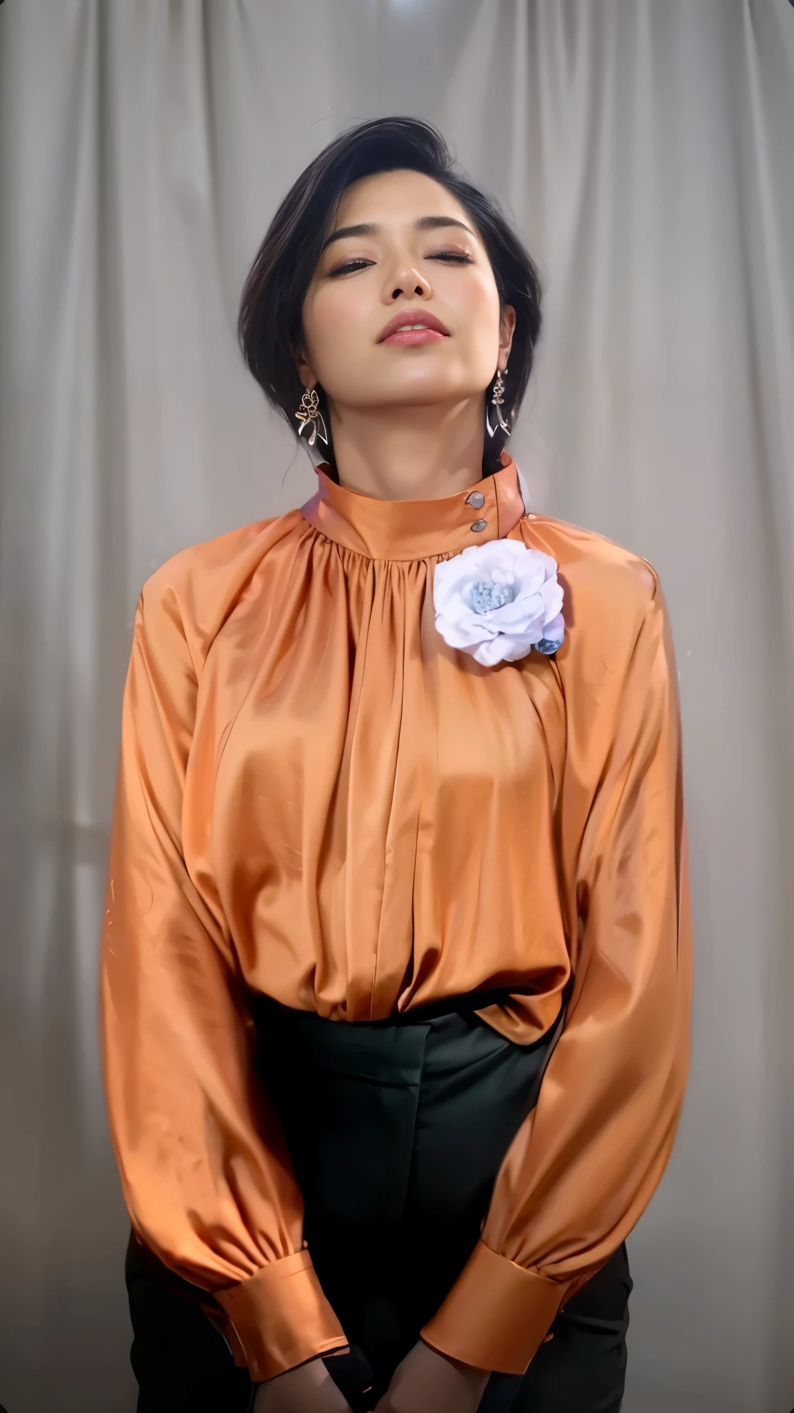 dressed, (photo realistic:1.4), (hyper realistic:1.4), (realistic:1.3), (smoother lighting:1.05), (Improve the quality of cinematic lighting:0.9), 32K, 40 year old Japanese woman, realistic lighting, Backlight, light shines on your face, ray tracing, (bright light:1.2), (Improvement of quality:1.4), (Highest quality realistic textured skin:1.4), detailed eyes, detailed face, high quality eyes, (Tired, sleepy and satisfied:0.0), (Enhance the mood of your body line:1.1), (Enhances the beauty of skin texture:1.1)首に花が付いた茶色のsatinブラウスと黒いズボンを着たアラフォー女性, silver earrings,wearing a blouse, Eyes closed, face looking upwards with mouth half open,expression of ecstasy,satin, Clothed non-nude portrait, bjork realistic portrait, Flowing salmon-colored silk, Inspired by Hedda Stern, Inspired by Vint Lawrence, Dressed in silk, Inspired by Cindy Sherman, Inspired by Thomas Blackshear