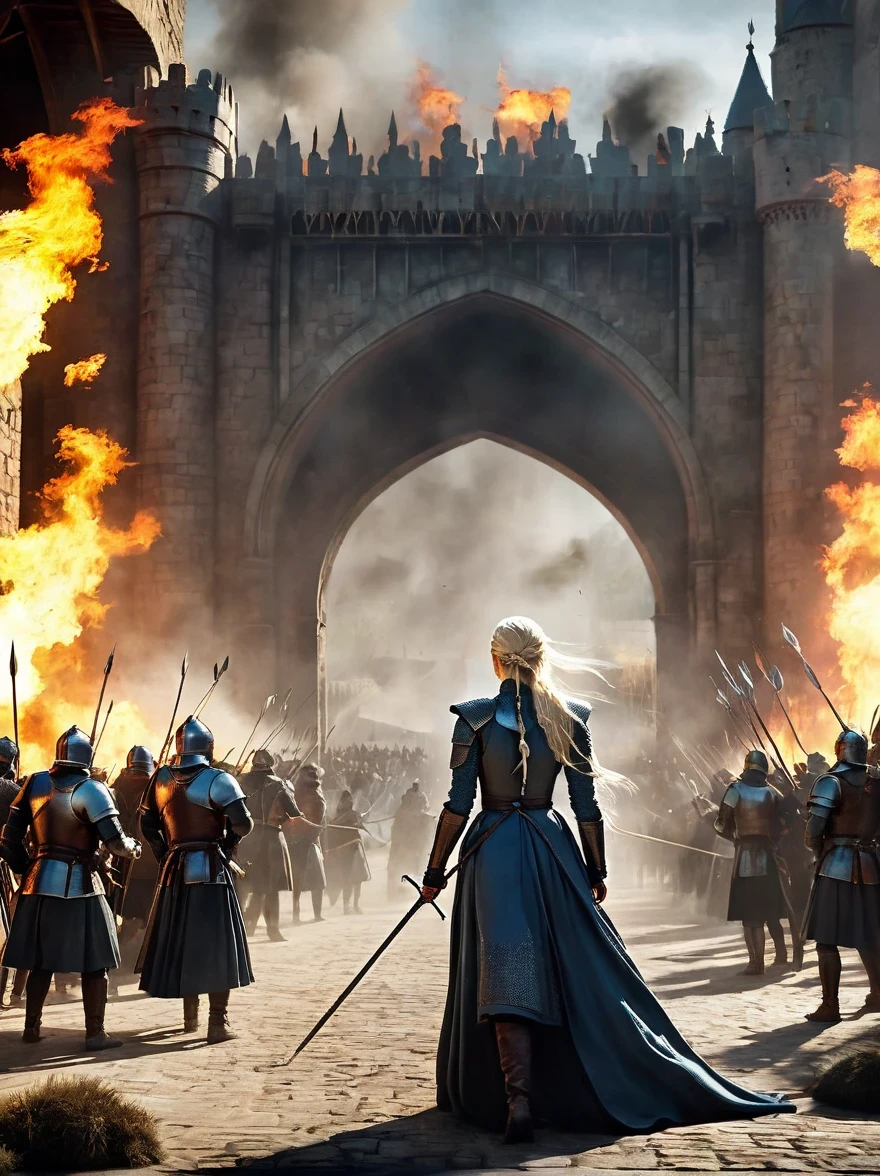 Tips for generating high-quality images of epic battle scenes from TV series "game of Thrones" will:
"epic battle scene, Medieval warrior fights war dragon, Armored knights fighting with swords, Archer shoots arrows, Burning battlefield, crumbling castle walls, dramatic lighting, smoke and fire, best quality, 4K resolution, Super detailed, actual:1.37, high dynamic range, bright colors, professional, concept art, Moody tones, unforgettable atmosphere, epic score"