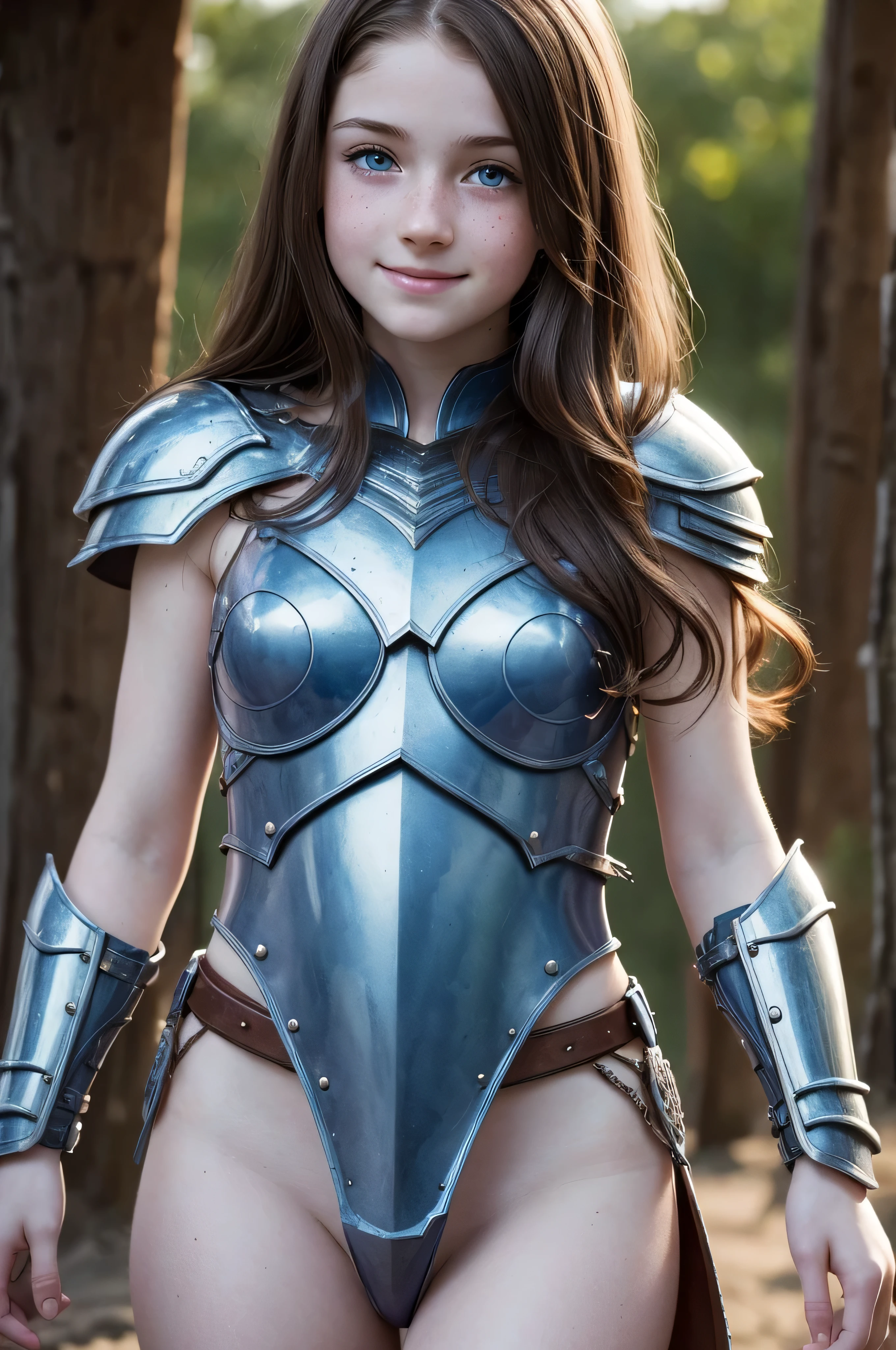 ((high resolution)), ((pale skin)), freckled, brunette ((11 year old)) girl, with blue eyes, blushing cheeks, wavy hair, smiling, naked, as a fantasy warrior, sexy armor