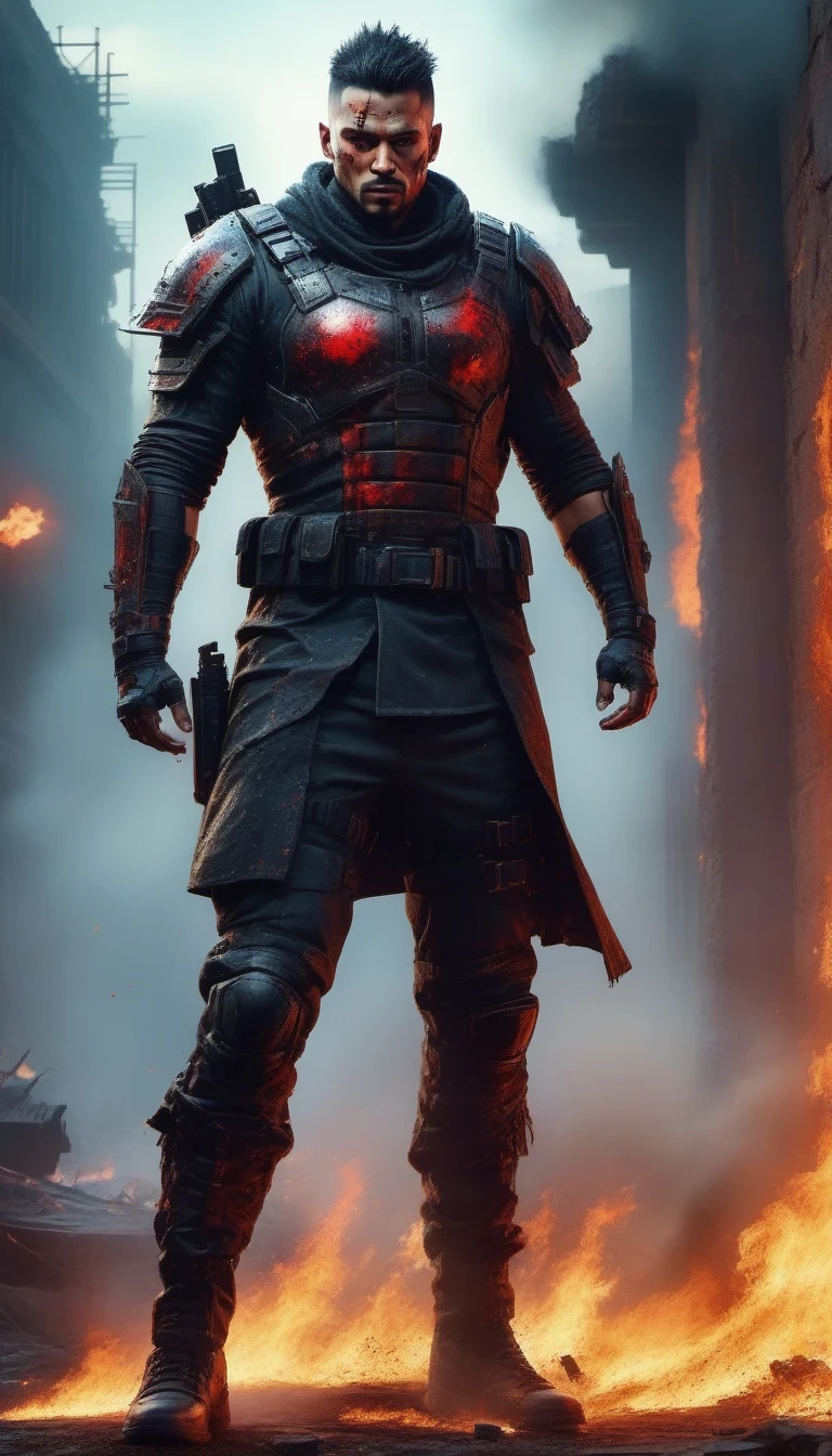 sh4g0d风格赛博朋克战士,(Strong dynamic stance:1.5)，(struggle:1.3)，(blood spatter)，Strong，His face is very determined，On the war zone，battlefield background，Burning battlefield，collapsed city wall，dramatic lighting，smoke and flames，best quality，4K resolution，super detailed，Fidelity：1.37，high dynamic range，bright colors，Professional concept art，emotional tones，unforgettable atmosphere，epic score&Quote; 8k, super detailed, precise, best quality