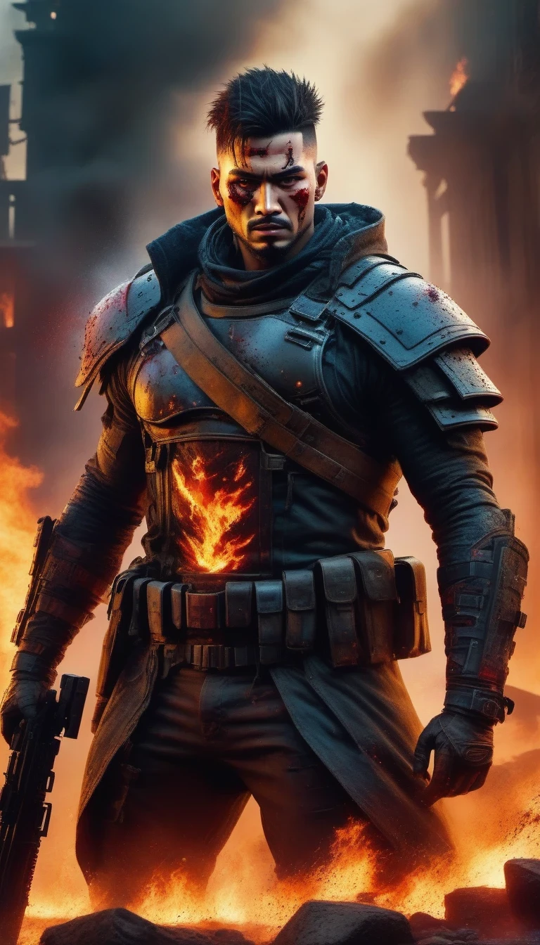 sh4g0d风格赛博朋克战士,(Strong dynamic stance:1.5)，(struggle:1.3)，(blood spatter)，Strong，His face is very determined，On the war zone，battlefield background，Burning battlefield，collapsed city wall，dramatic lighting，smoke and flames，best quality，4K resolution，super detailed，Fidelity：1.37，high dynamic range，bright colors，Professional concept art，emotional tones，unforgettable atmosphere，epic score&Quote; 8k, super detailed, precise, best quality